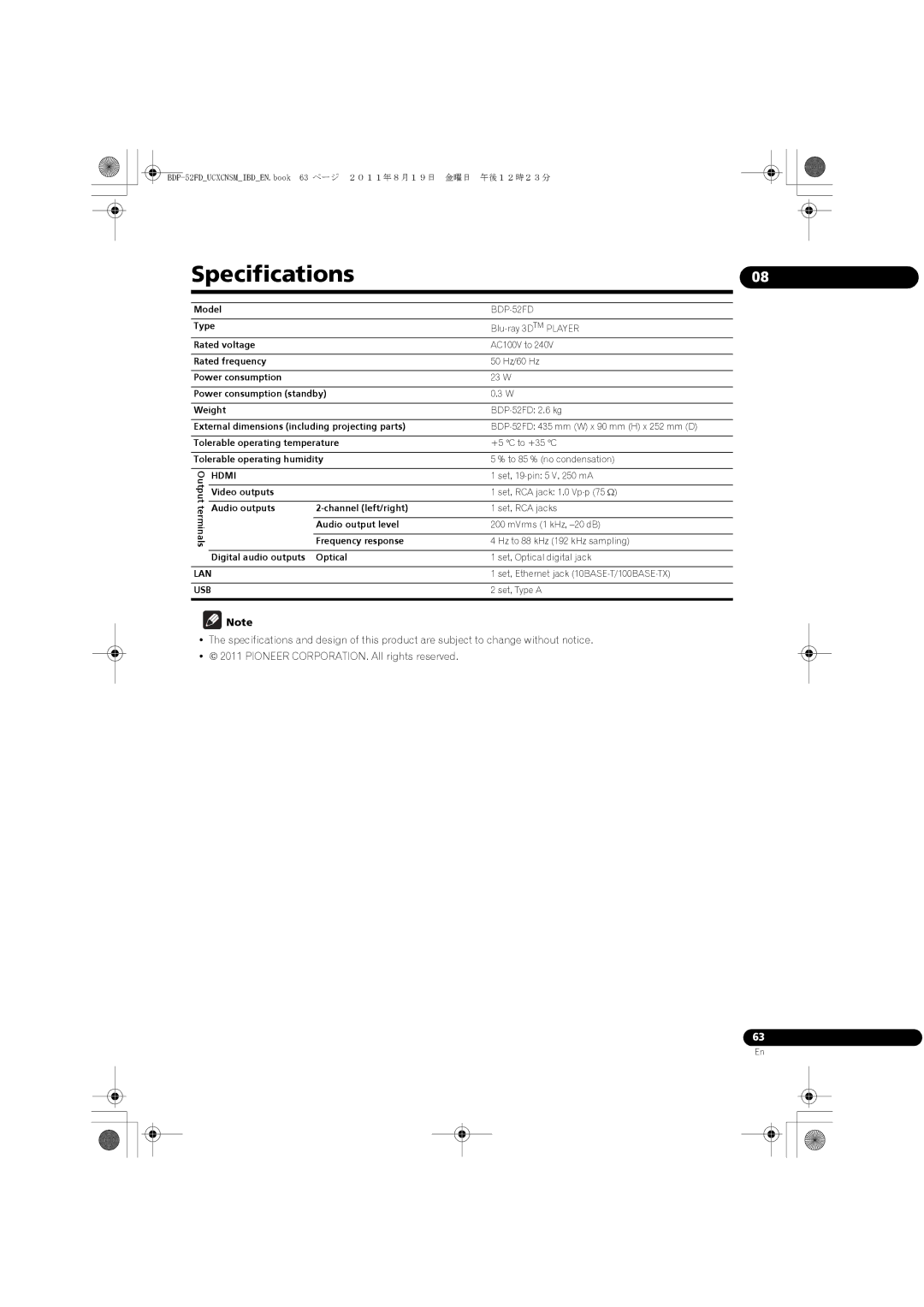 Pioneer BDP-52FD operating instructions Specifications 