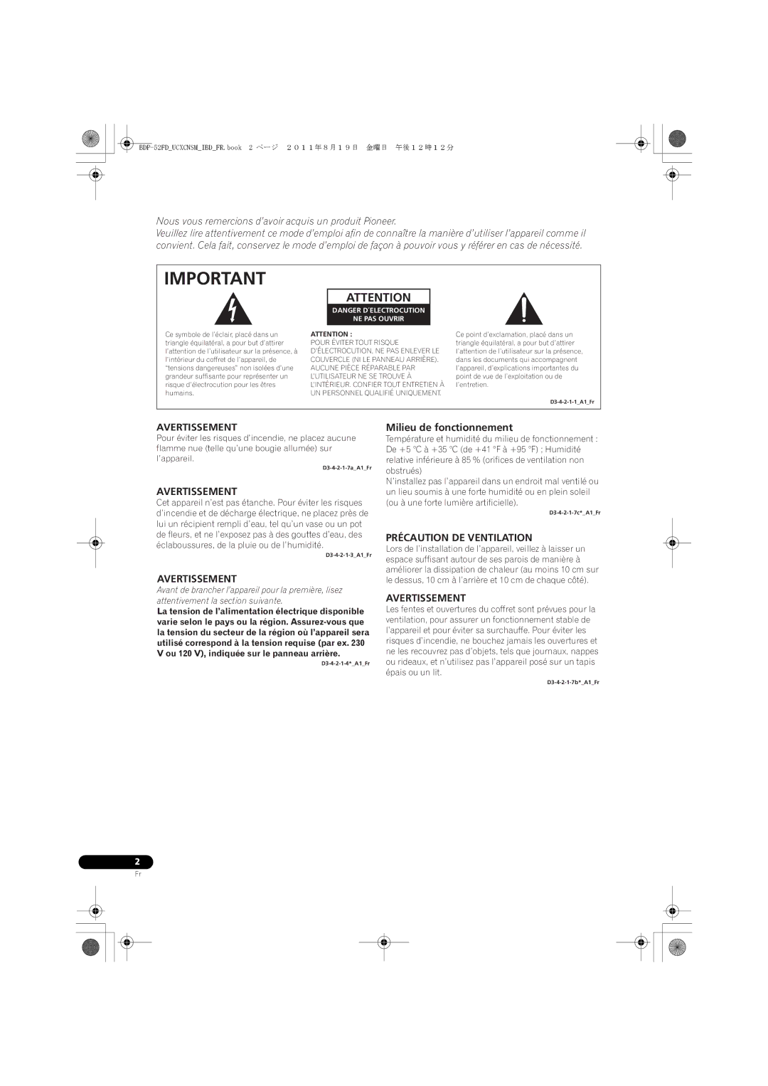 Pioneer operating instructions Milieu de fonctionnement, BDP-52FDUCXCNSMIBDFR.book 2 ページ ２０１１年８月１９日 金曜日 午後１２時１２分 