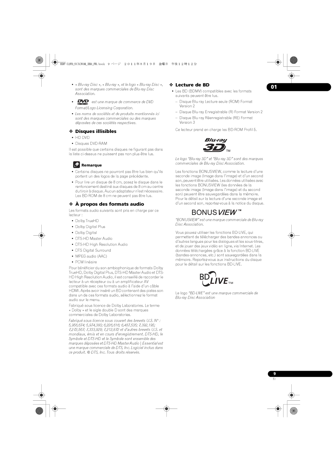 Pioneer BDP-52FD operating instructions  Disques illisibles,  À propos des formats audio,  Lecture de BD, Remarque 