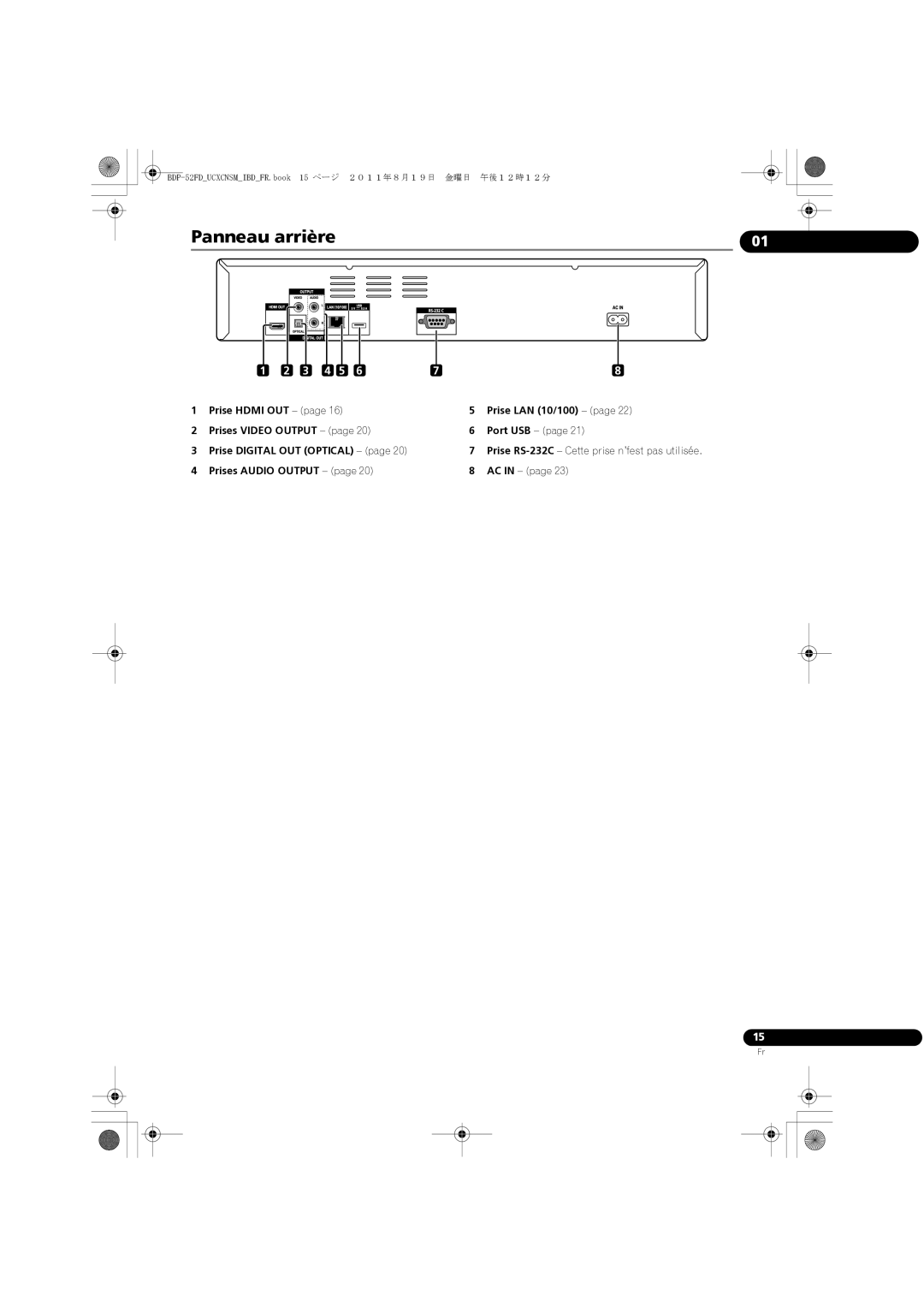 Pioneer operating instructions Prises Audio Output, BDP-52FDUCXCNSMIBDFR.book 15 ページ ２０１１年８月１９日 金曜日 午後１２時１２分 