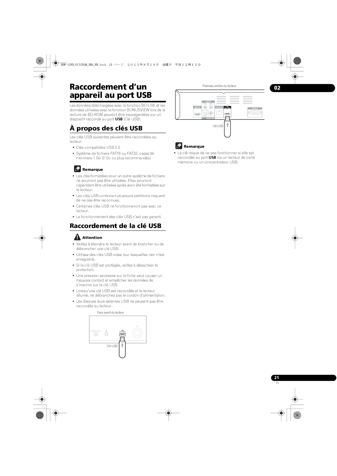 Pioneer BDP-52FD Raccordement d’un, Appareil au port USB, Propos des clés USB, Raccordement de la clé USB 