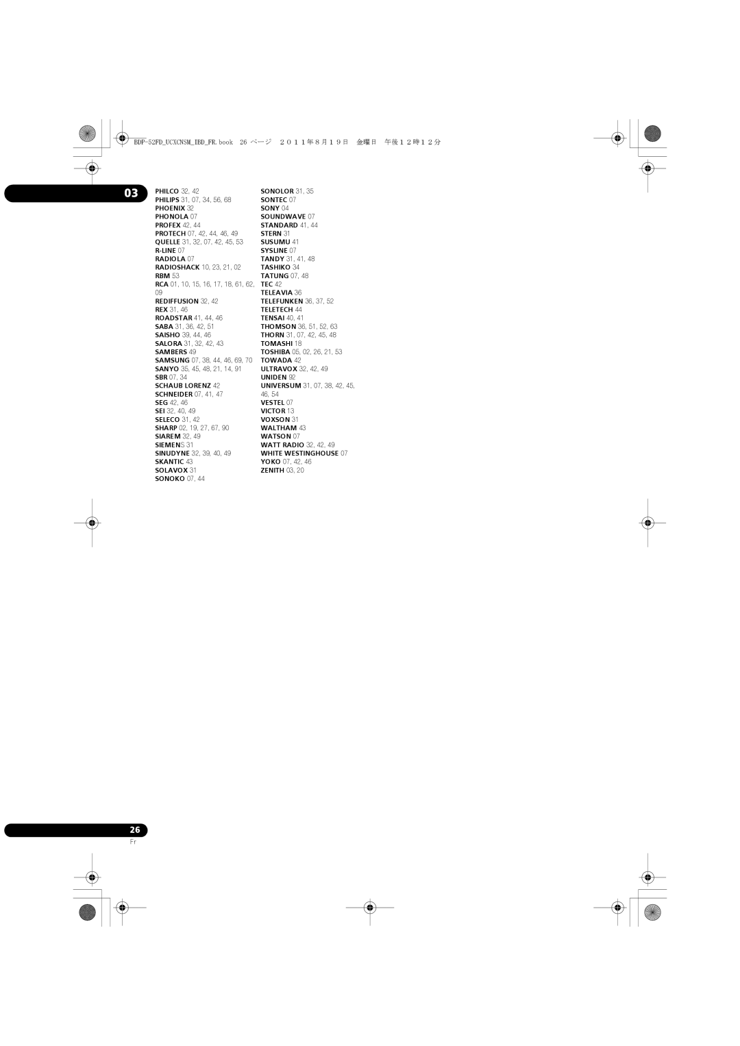 Pioneer operating instructions BDP-52FDUCXCNSMIBDFR.book 26 ページ ２０１１年８月１９日 金曜日 午後１２時１２分, Philco 32 Sonolor 31 