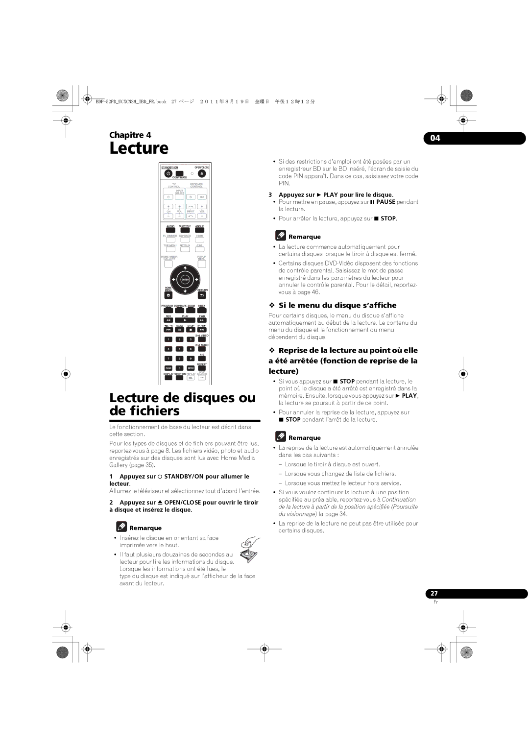 Pioneer BDP-52FD operating instructions Lecture de disques ou de fichiers,  Si le menu du disque s’affiche 