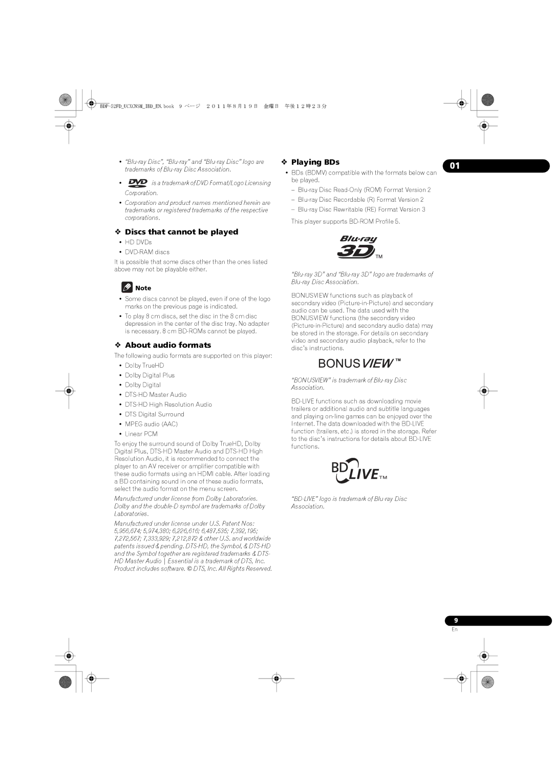 Pioneer BDP-52FD operating instructions  Playing BDs,  Discs that cannot be played,  About audio formats 