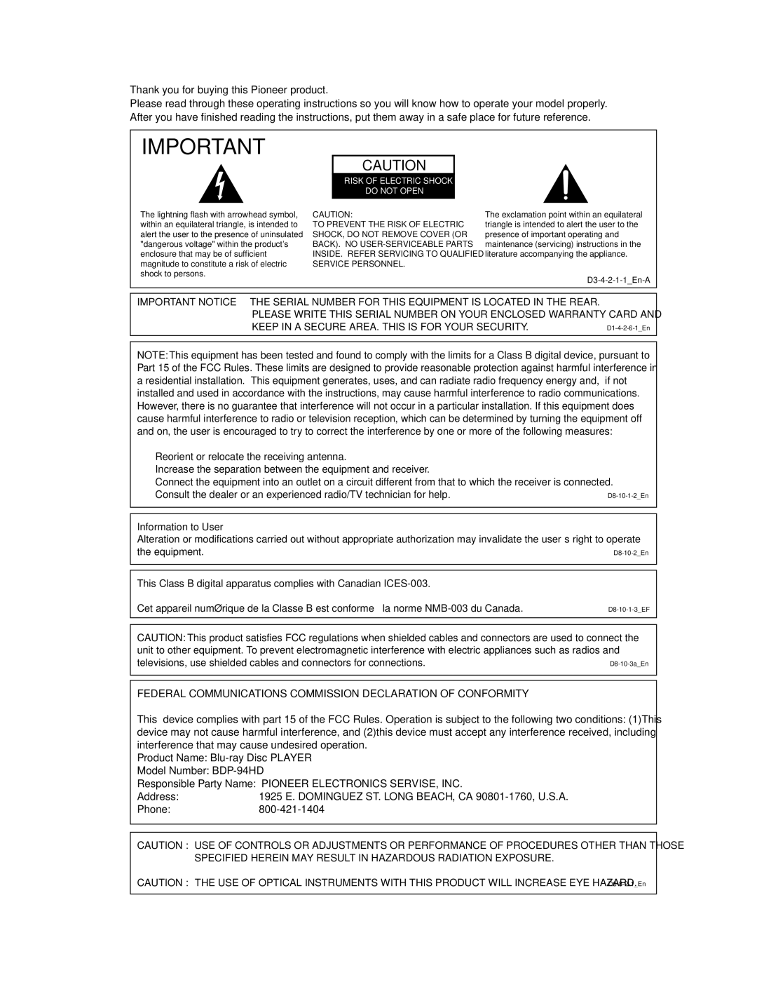 Pioneer BDP-94HD operating instructions Information to User, 1925 E. Dominguez ST. Long BEACH, CA 90801-1760, U.S.A 