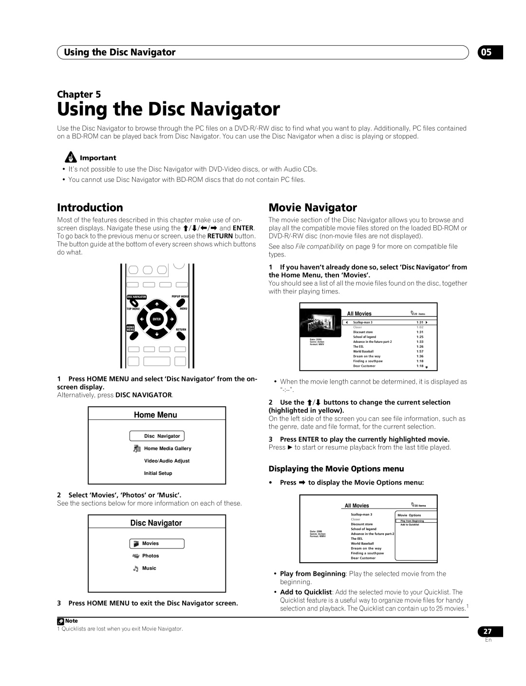 Pioneer BDP-94HD Using the Disc Navigator, Introduction, Movie Navigator, Displaying the Movie Options menu 