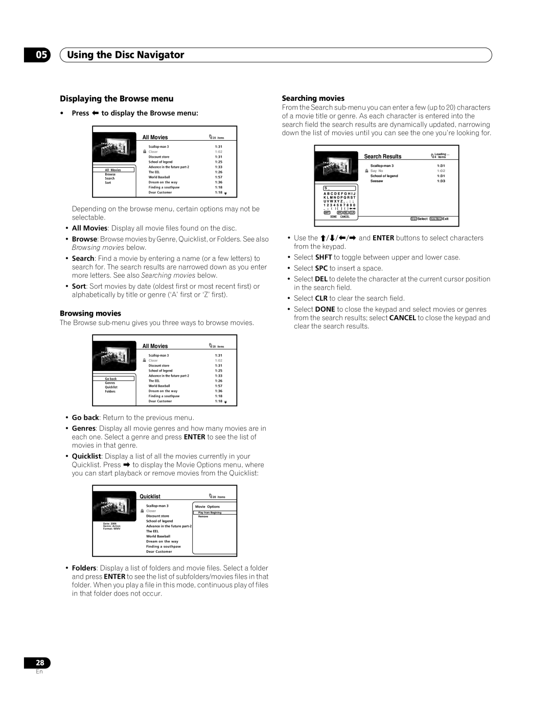 Pioneer BDP-94HD Displaying the Browse menu, Browsing movies, Searching movies, Press  to display the Browse menu 