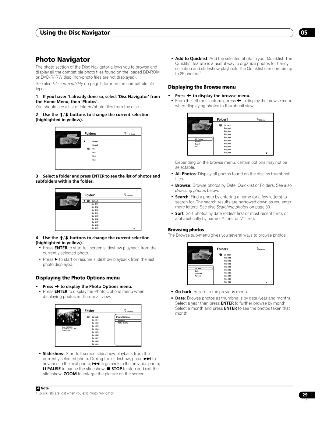 Pioneer BDP-94HD operating instructions Photo Navigator, Displaying the Photo Options menu, Browsing photos 