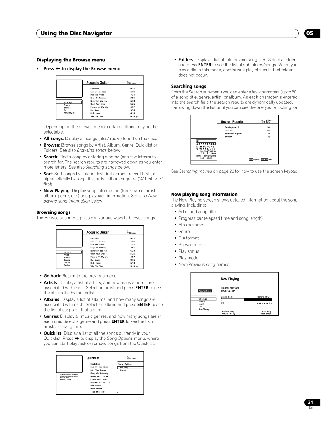 Pioneer BDP-94HD operating instructions Browsing songs, Searching songs, Now playing song information 