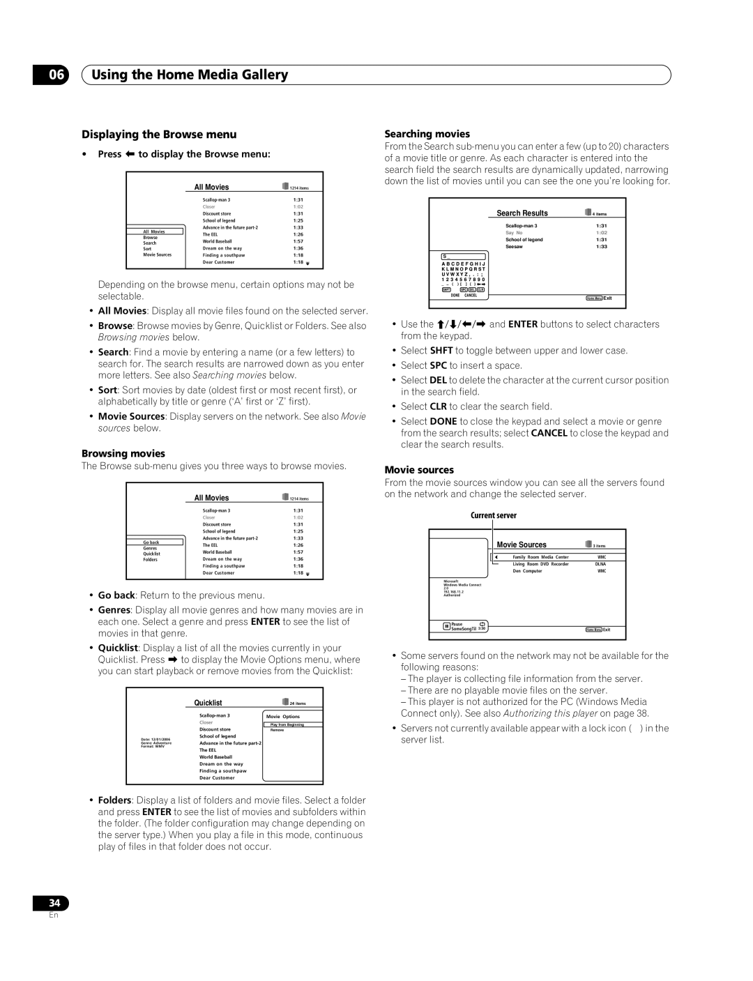 Pioneer BDP-94HD operating instructions Movie sources, Current server 