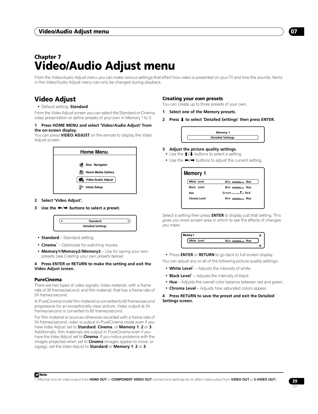 Pioneer BDP-94HD Video/Audio Adjust menu, Video Adjust, Creating your own presets, Adjust the picture quality settings 