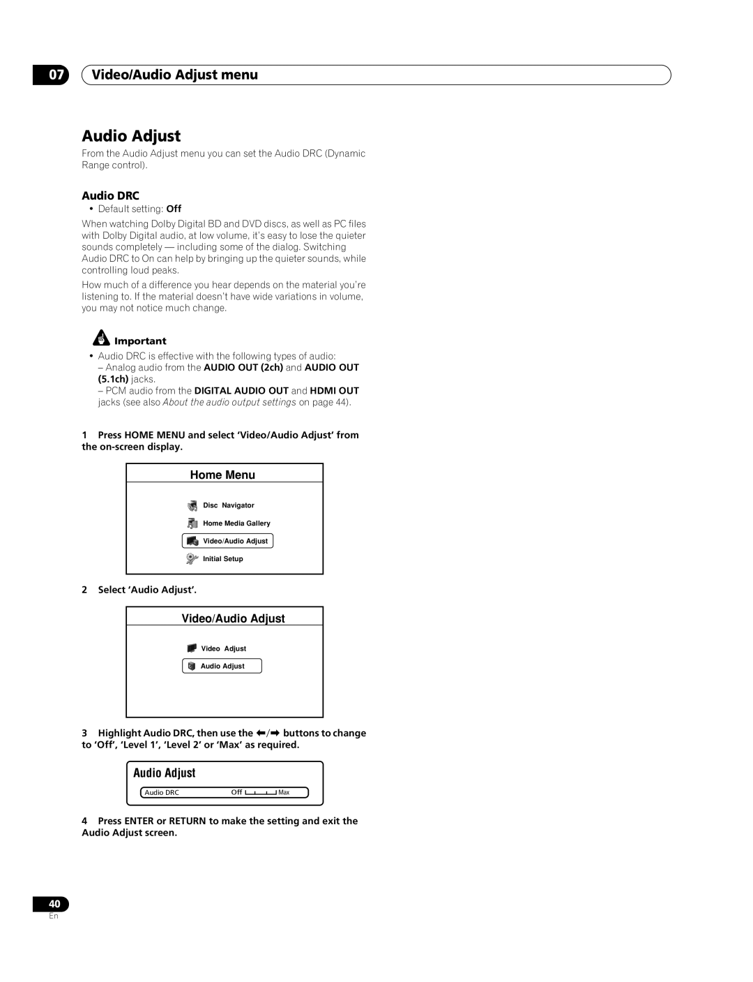 Pioneer BDP-94HD operating instructions Audio DRC, Select ‘Audio Adjust’ 