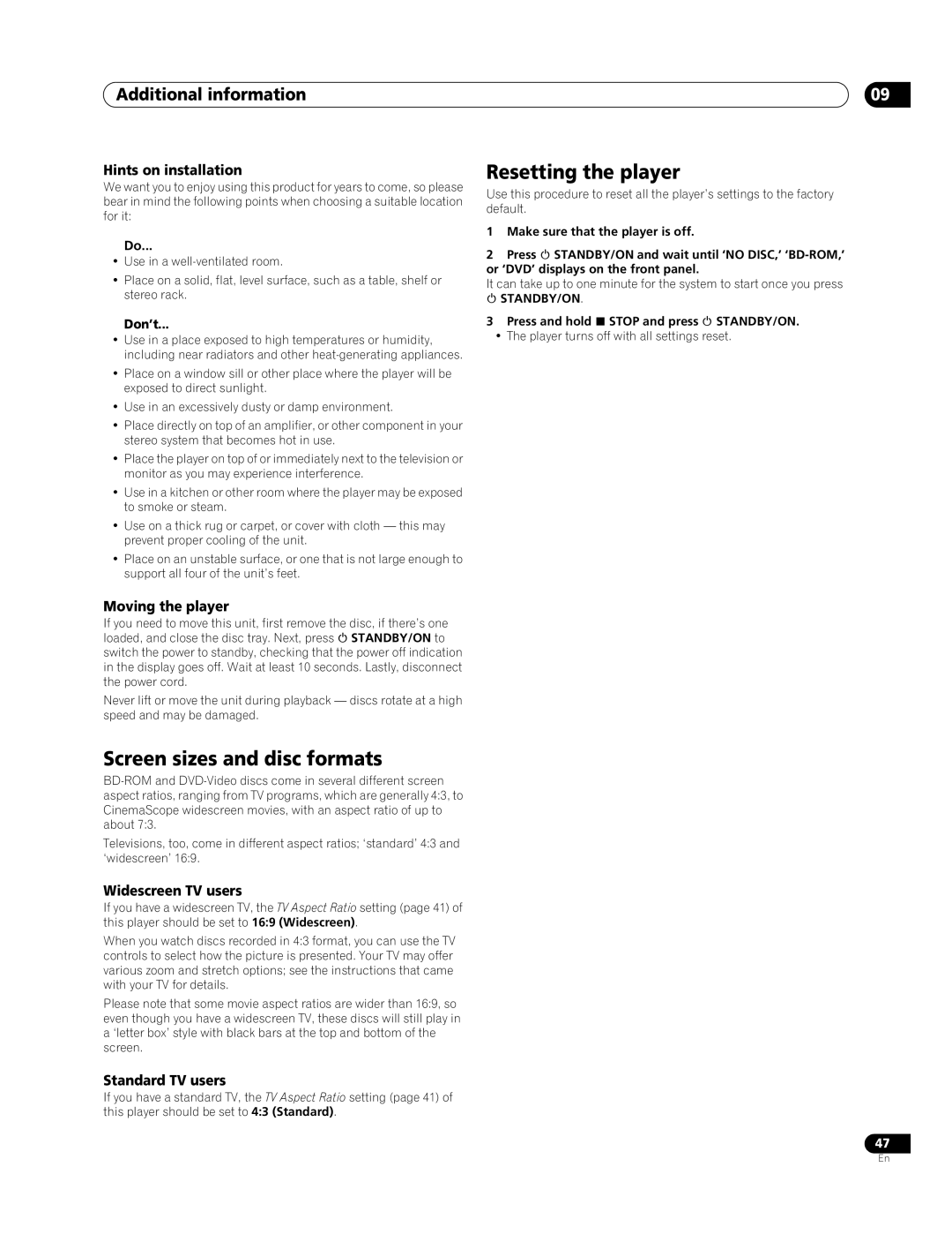 Pioneer BDP-94HD operating instructions Screen sizes and disc formats, Resetting the player 