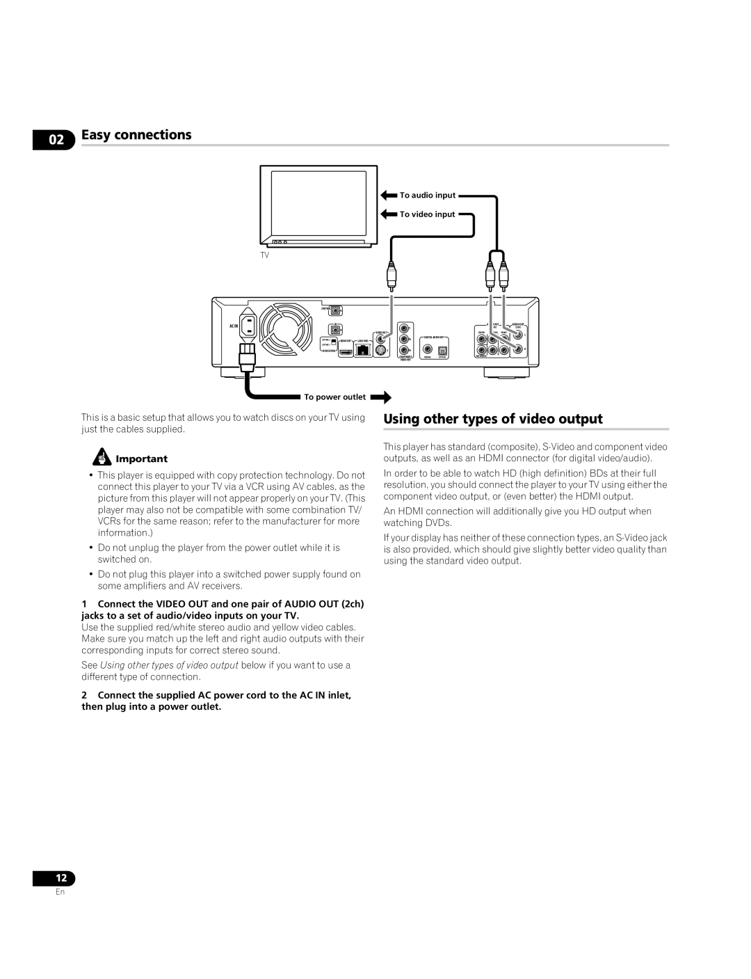 Pioneer BDP-95FD Easy connections, Using other types of video output, To audio input To video input, To power outlet 