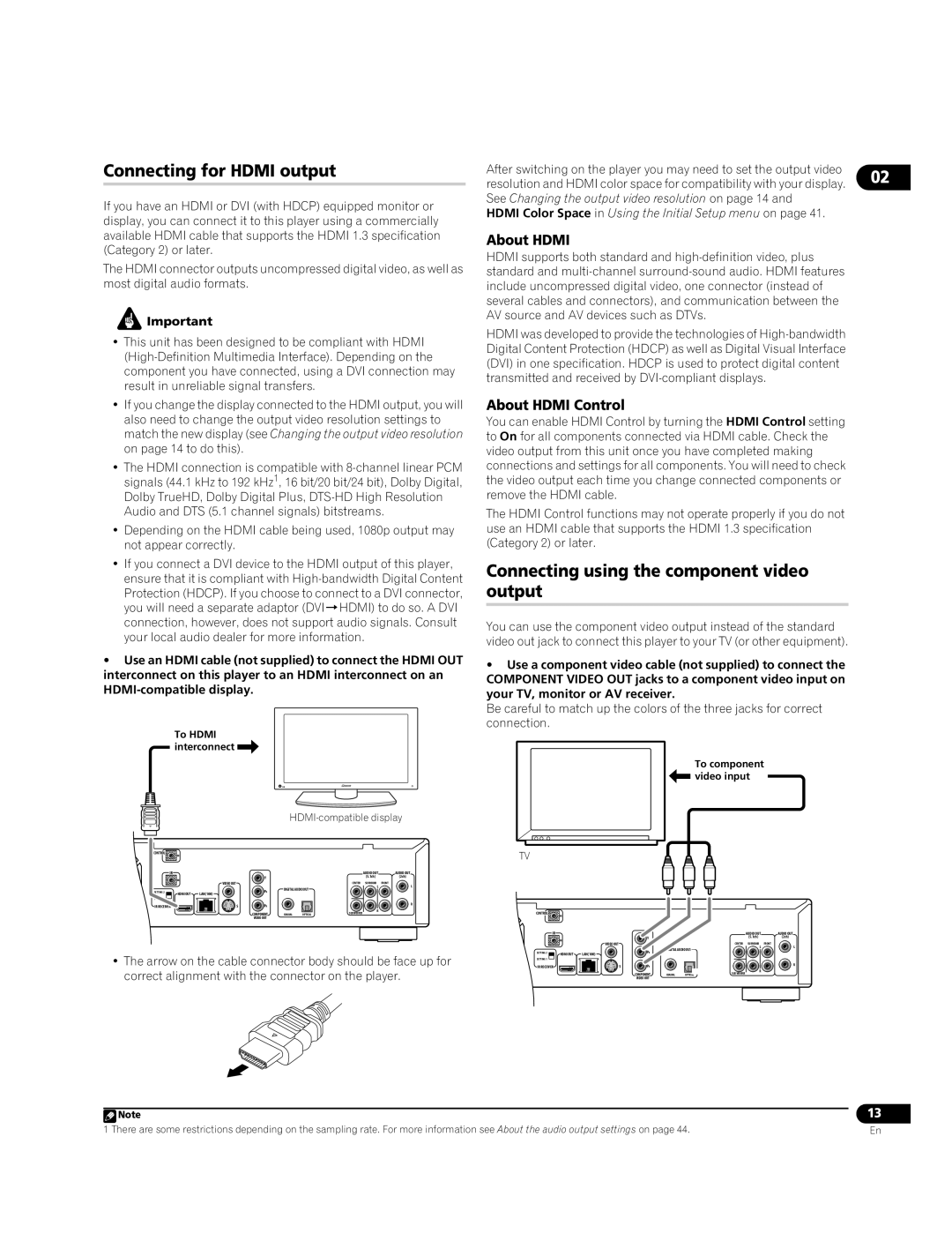 Pioneer BDP-95FD Connecting for Hdmi output, Connecting using the component video output, About Hdmi Control 