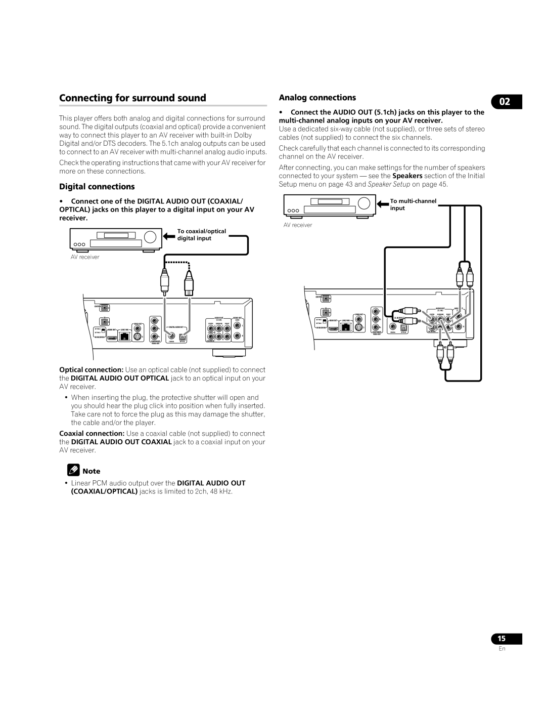 Pioneer BDP-95FD Connecting for surround sound, Digital connections, Analog connections, To coaxial/optical digital input 