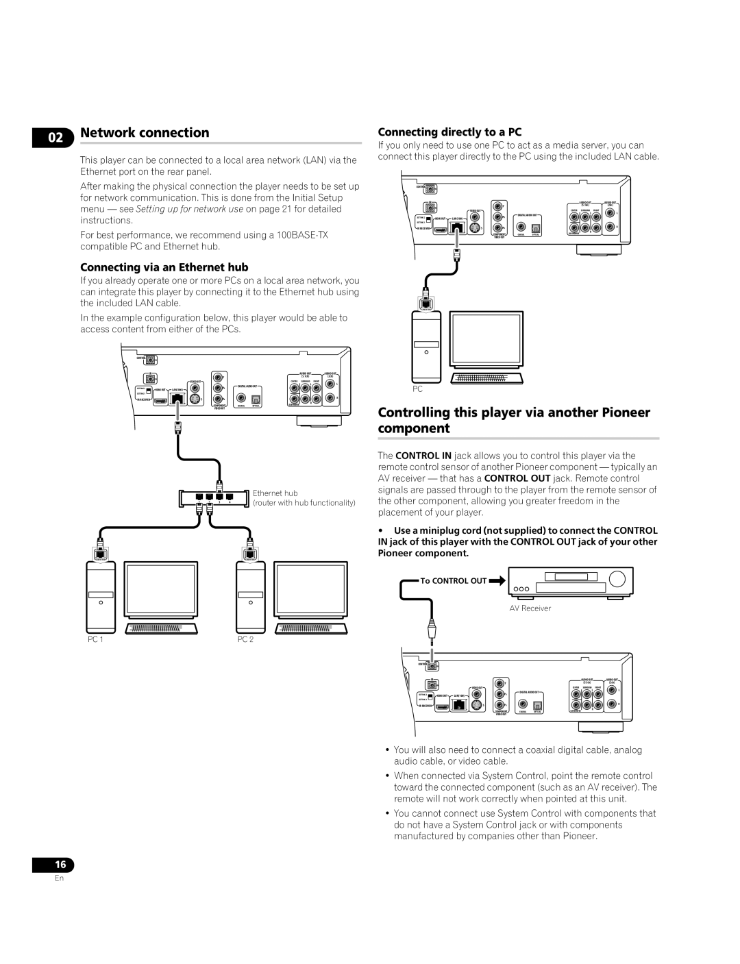 Pioneer BDP-95FD Network connection, Controlling this player via another Pioneer component, Connecting directly to a PC 