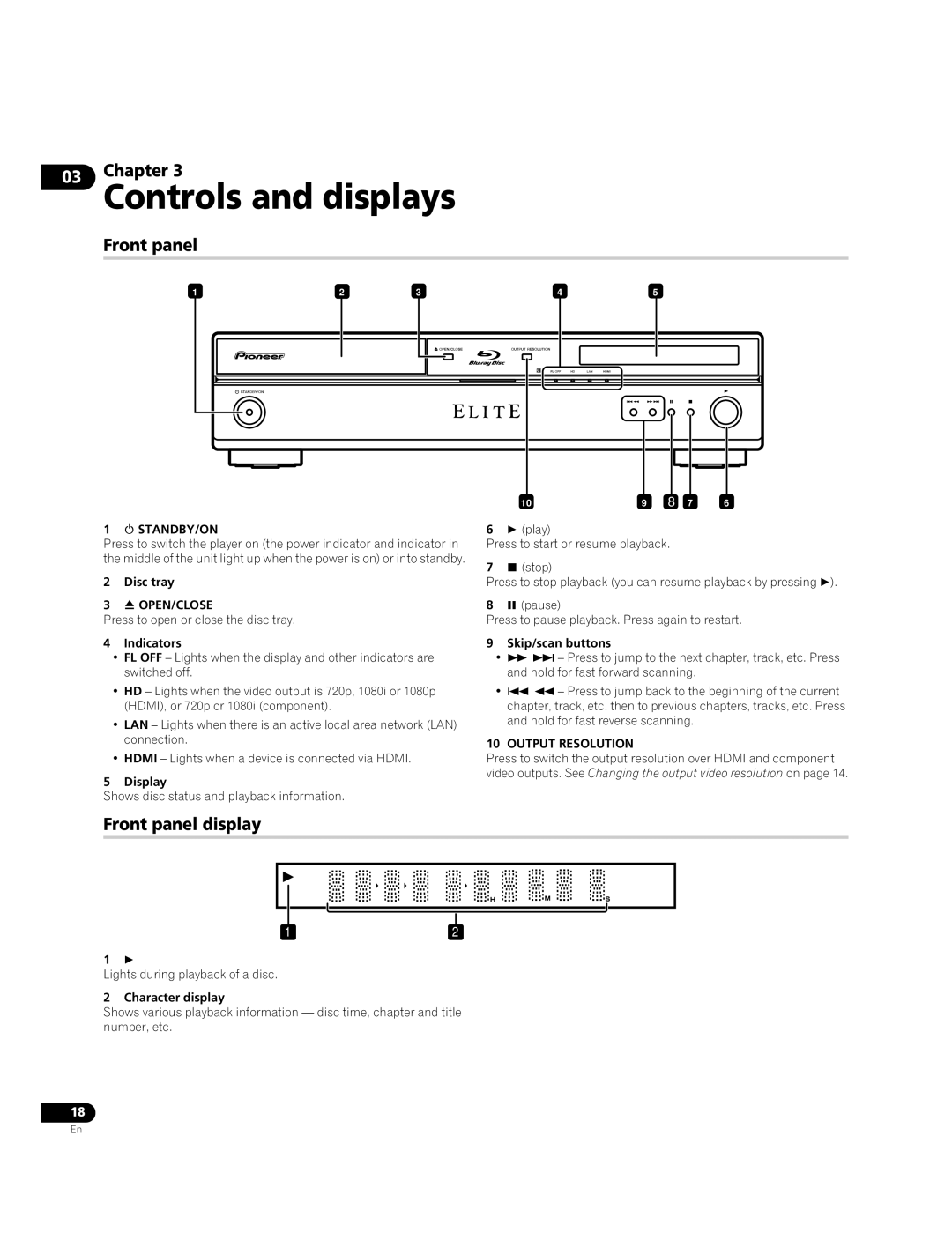 Pioneer BDP-95FD operating instructions Front panel display,  Standby/On,  Open/Close, Output Resolution 