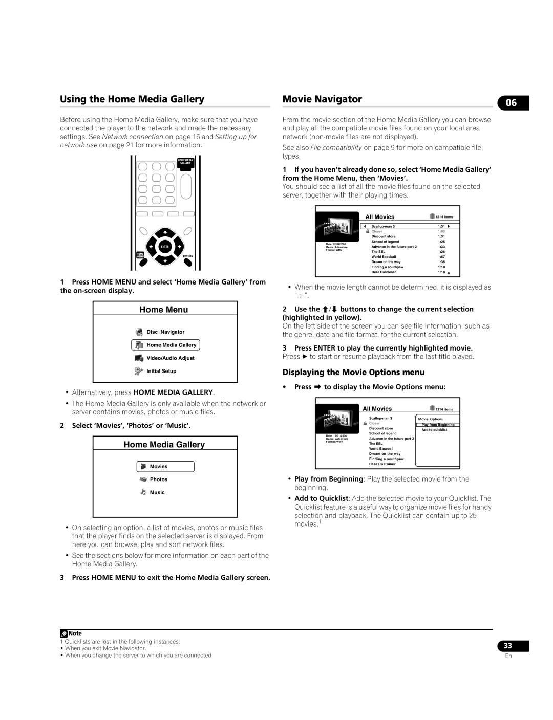 Pioneer BDP-95FD operating instructions Using the Home Media Gallery Movie Navigator, Displaying the Movie Options menu 