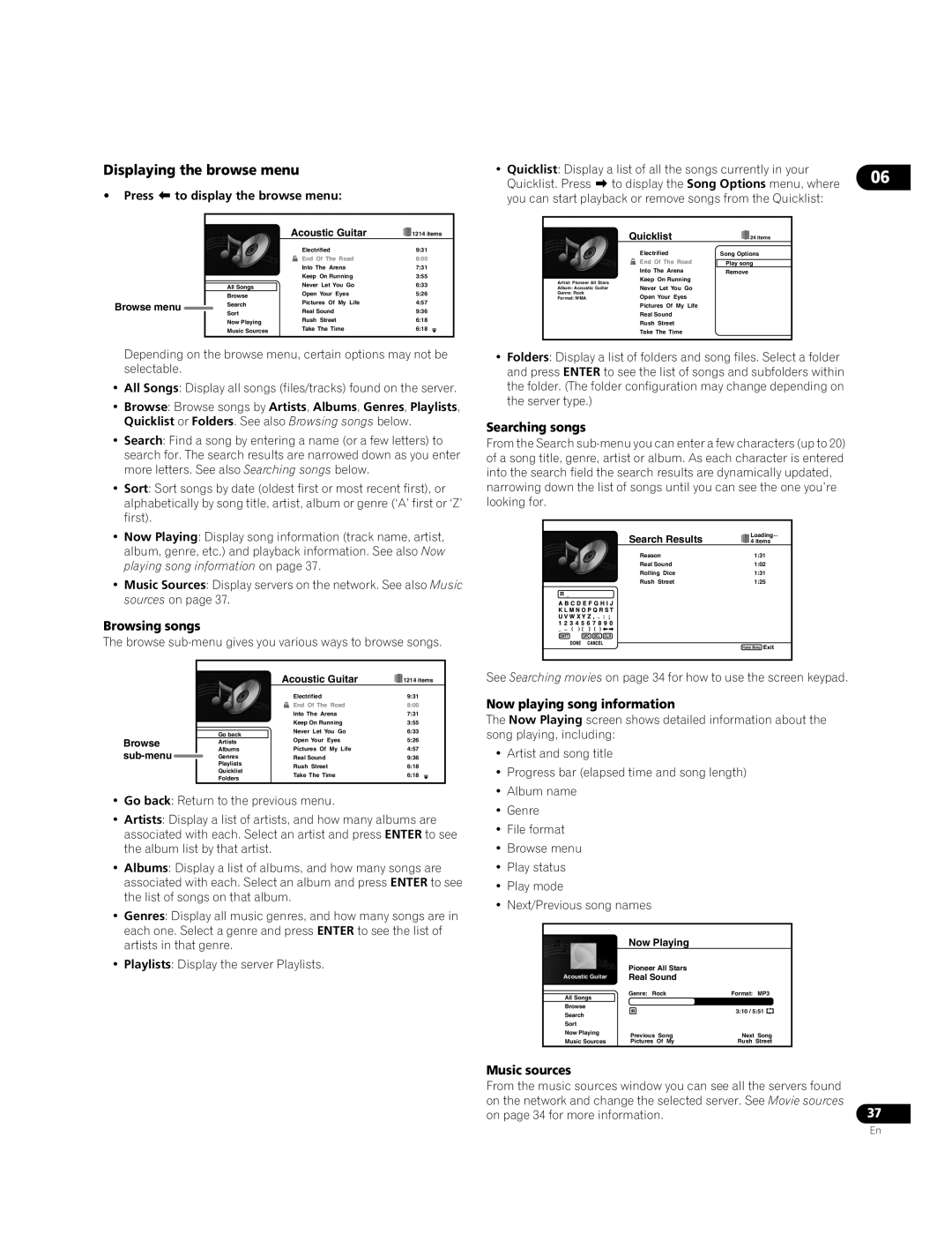 Pioneer BDP-95FD Browsing songs, Music sources, Browse sub-menu gives you various ways to browse songs 