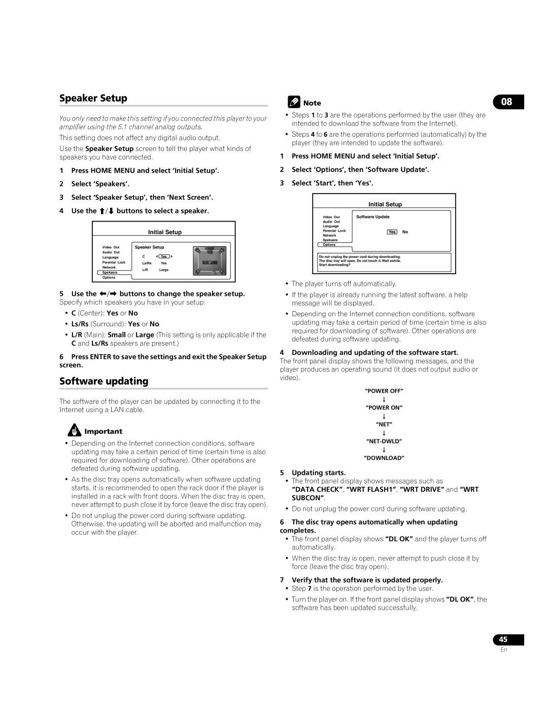 Pioneer BDP-95FD operating instructions Speaker Setup, Software updating 