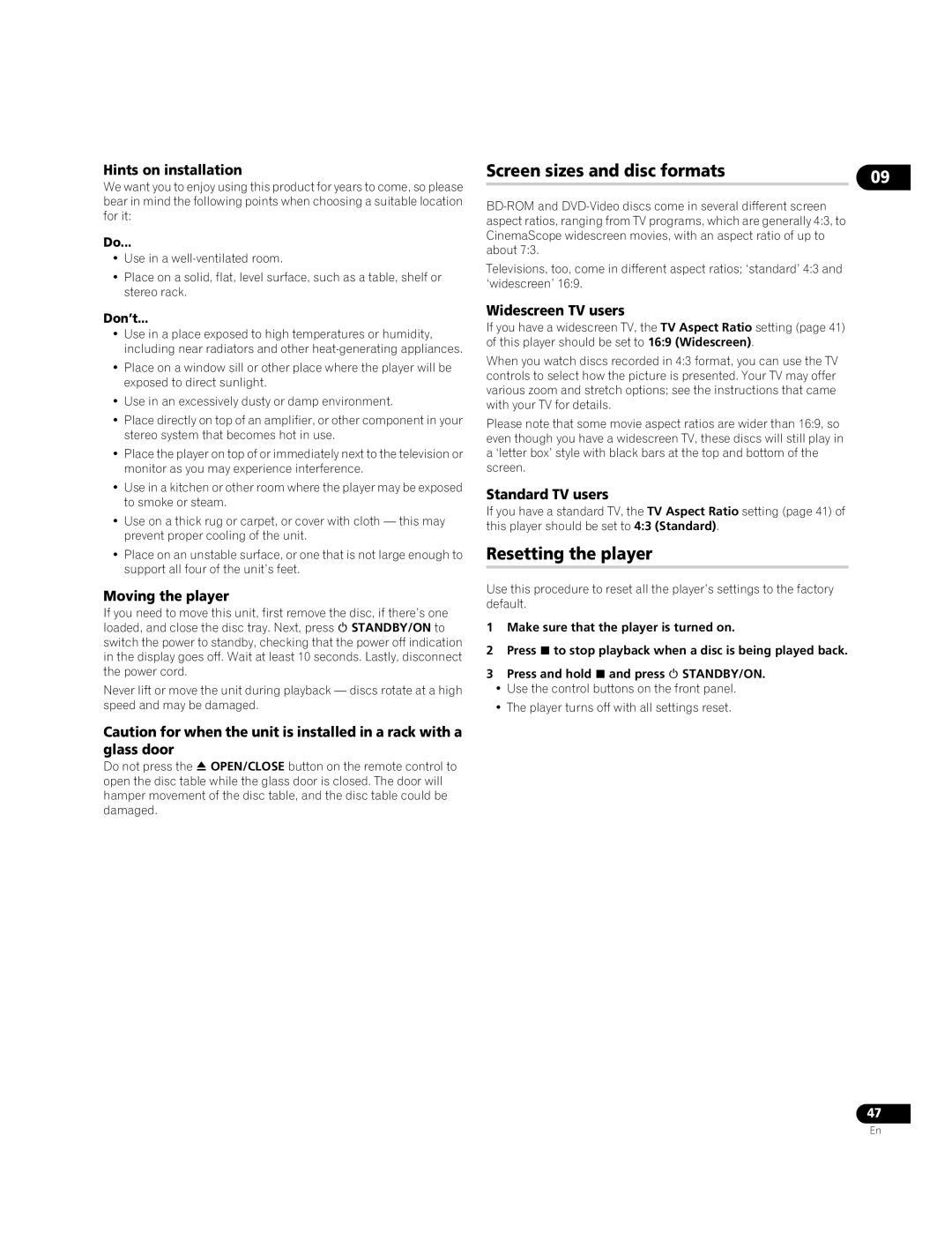 Pioneer BDP-95FD operating instructions Screen sizes and disc formats, Resetting the player 