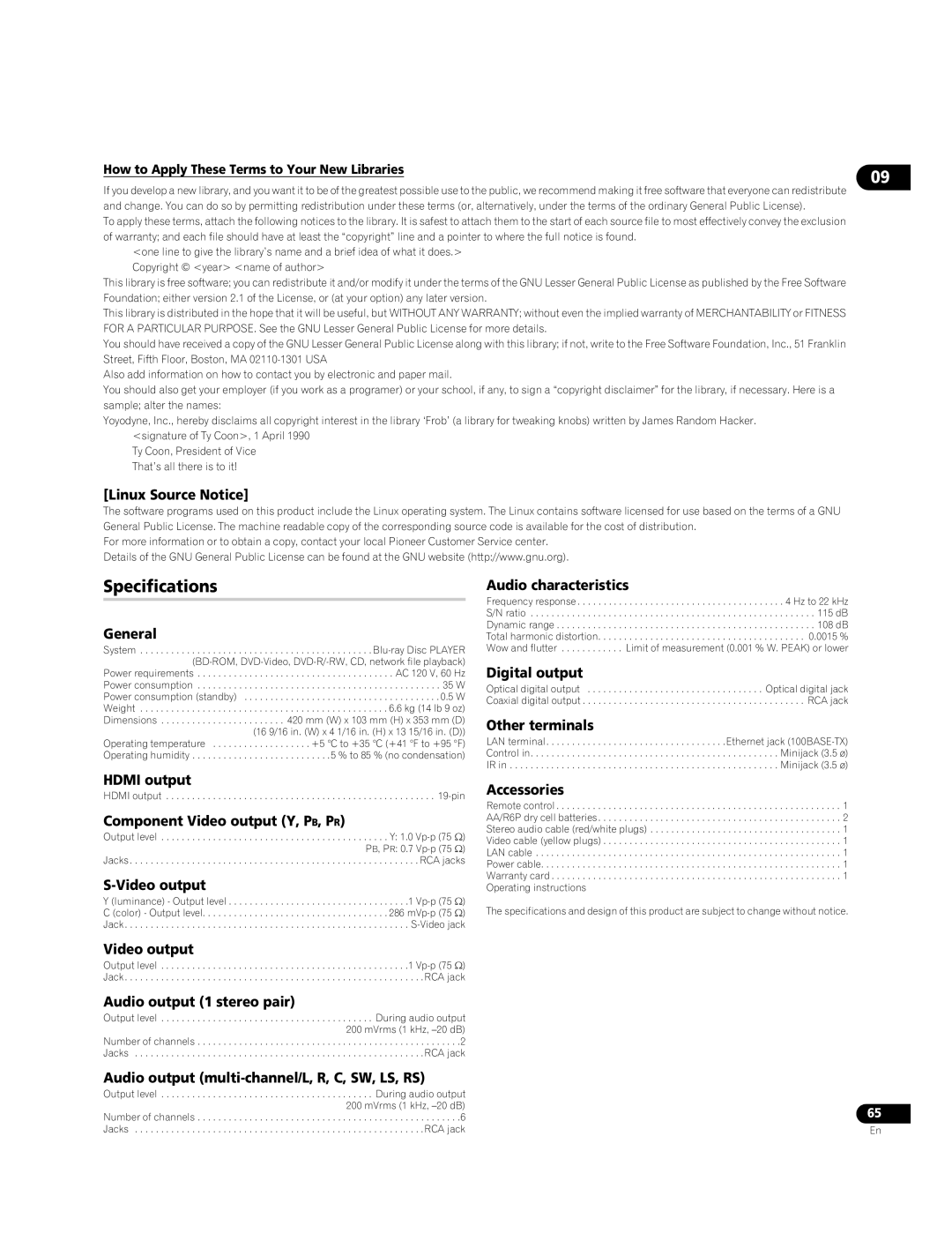 Pioneer BDP-95FD operating instructions Specifications 