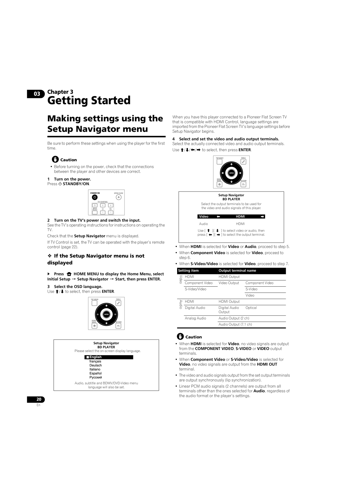 Pioneer BDP-LX08 Making settings using the Setup Navigator menu,  If the Setup Navigator menu is not displayed 