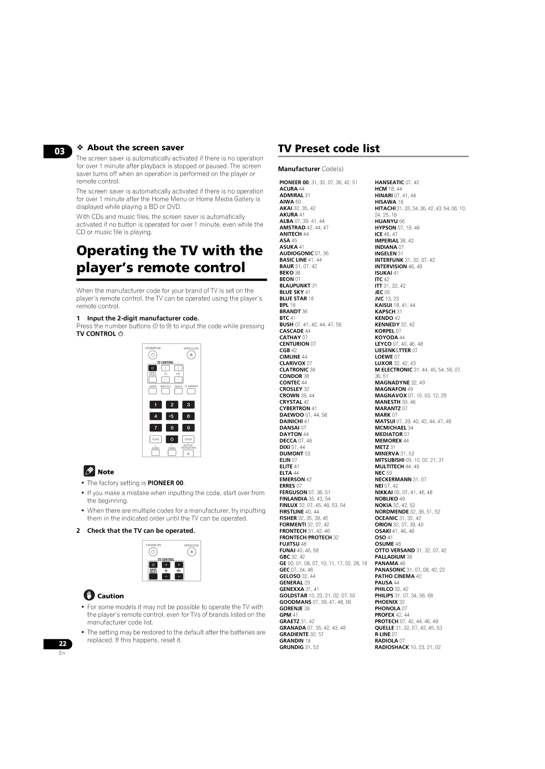 Pioneer BDP-LX08 Operating the TV with the player’s remote control, TV Preset code list, 03  About the screen saver 