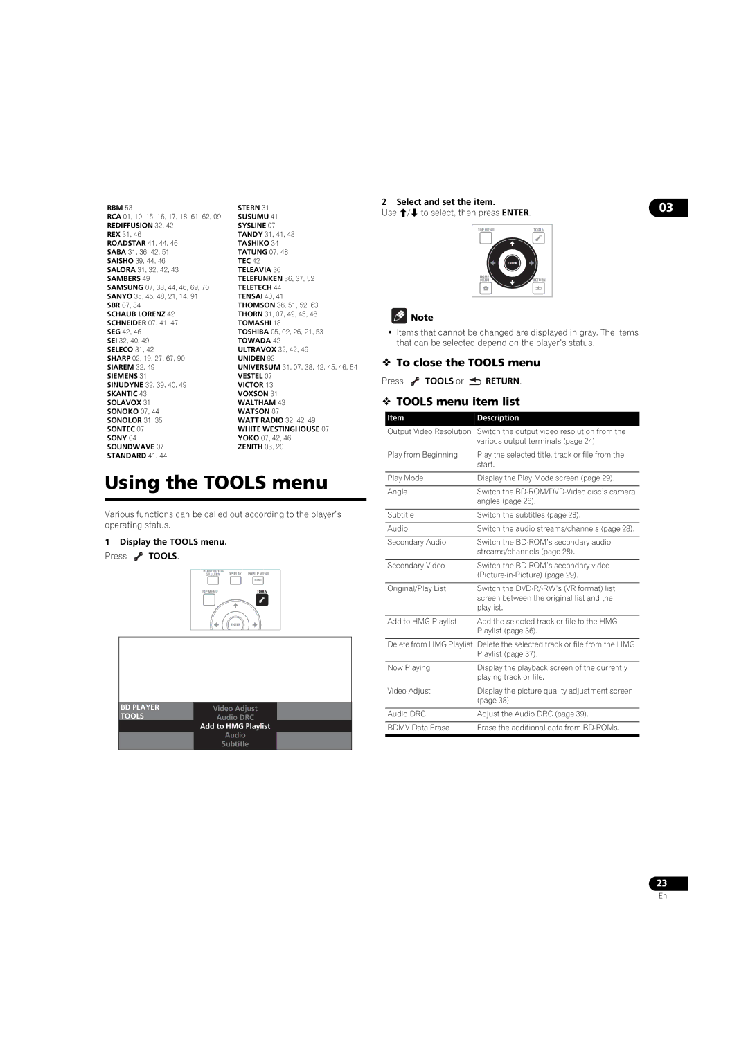 Pioneer BDP-LX08 Using the Tools menu,  To close the Tools menu,  Tools menu item list, Display the Tools menu 