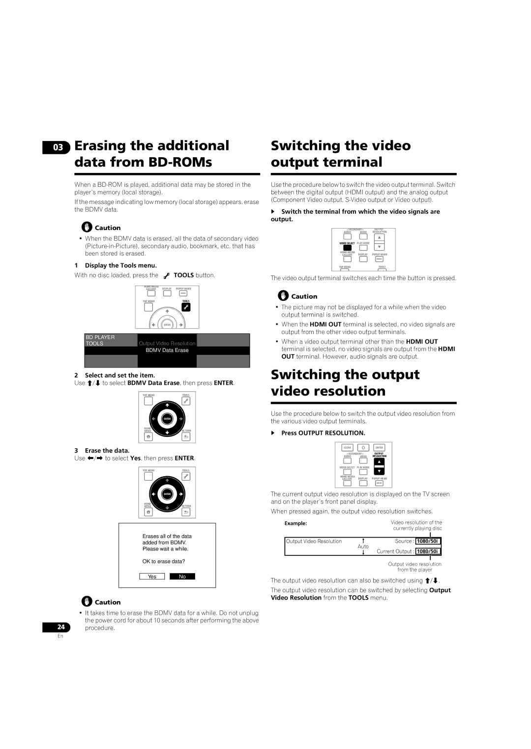 Pioneer BDP-LX08 Switching the output video resolution, Select and set the item, Erase the data,  Press Output Resolution 