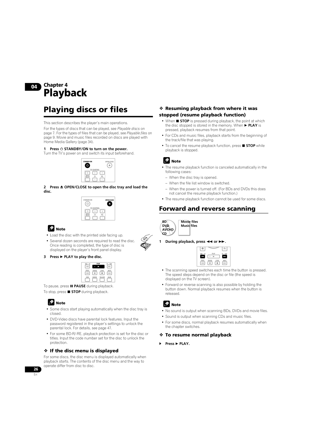 Pioneer BDP-LX08 Playing discs or files, Forward and reverse scanning,  If the disc menu is displayed 