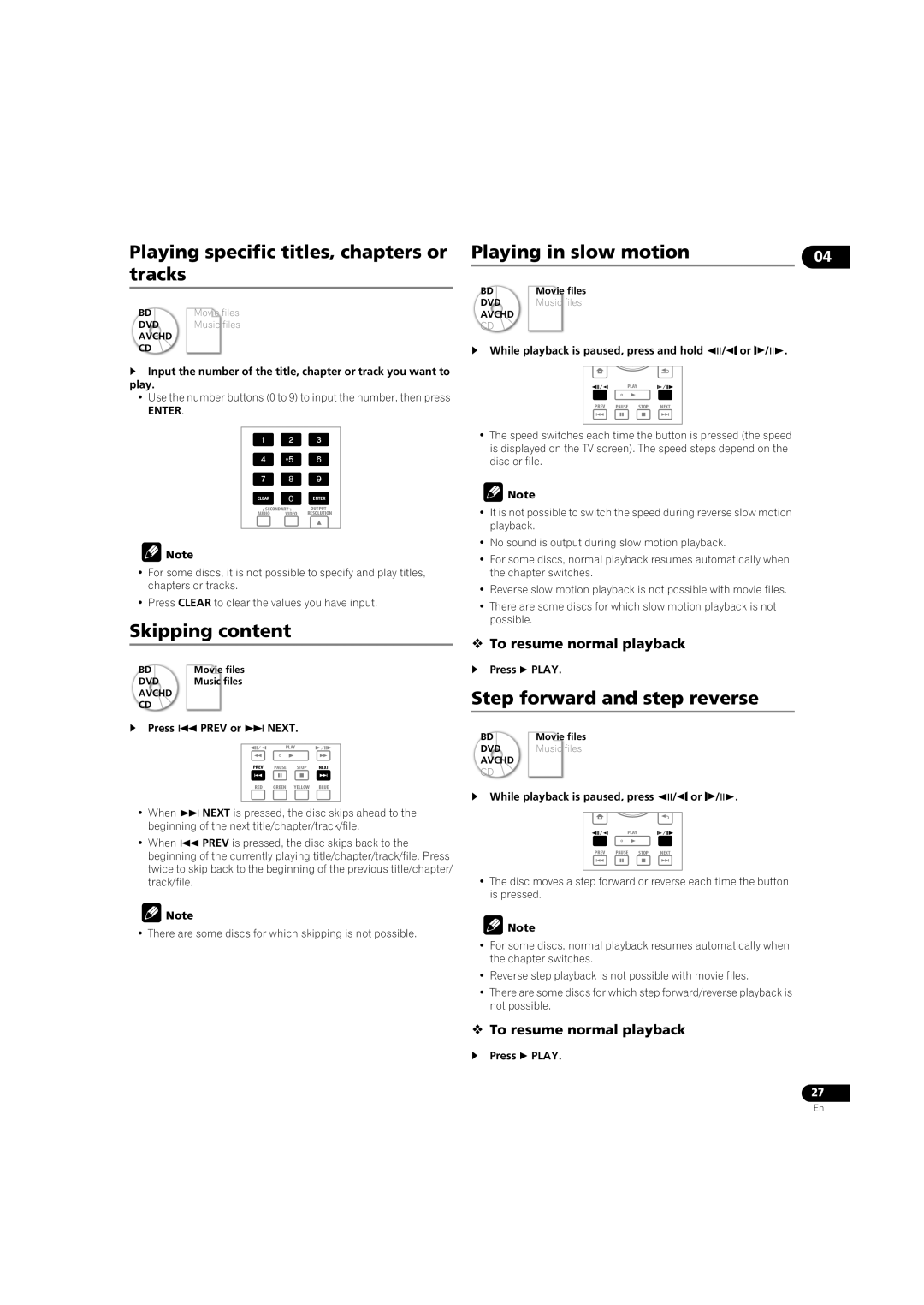 Pioneer BDP-LX08 Playing specific titles, chapters or tracks, Skipping content, Playing in slow motion 