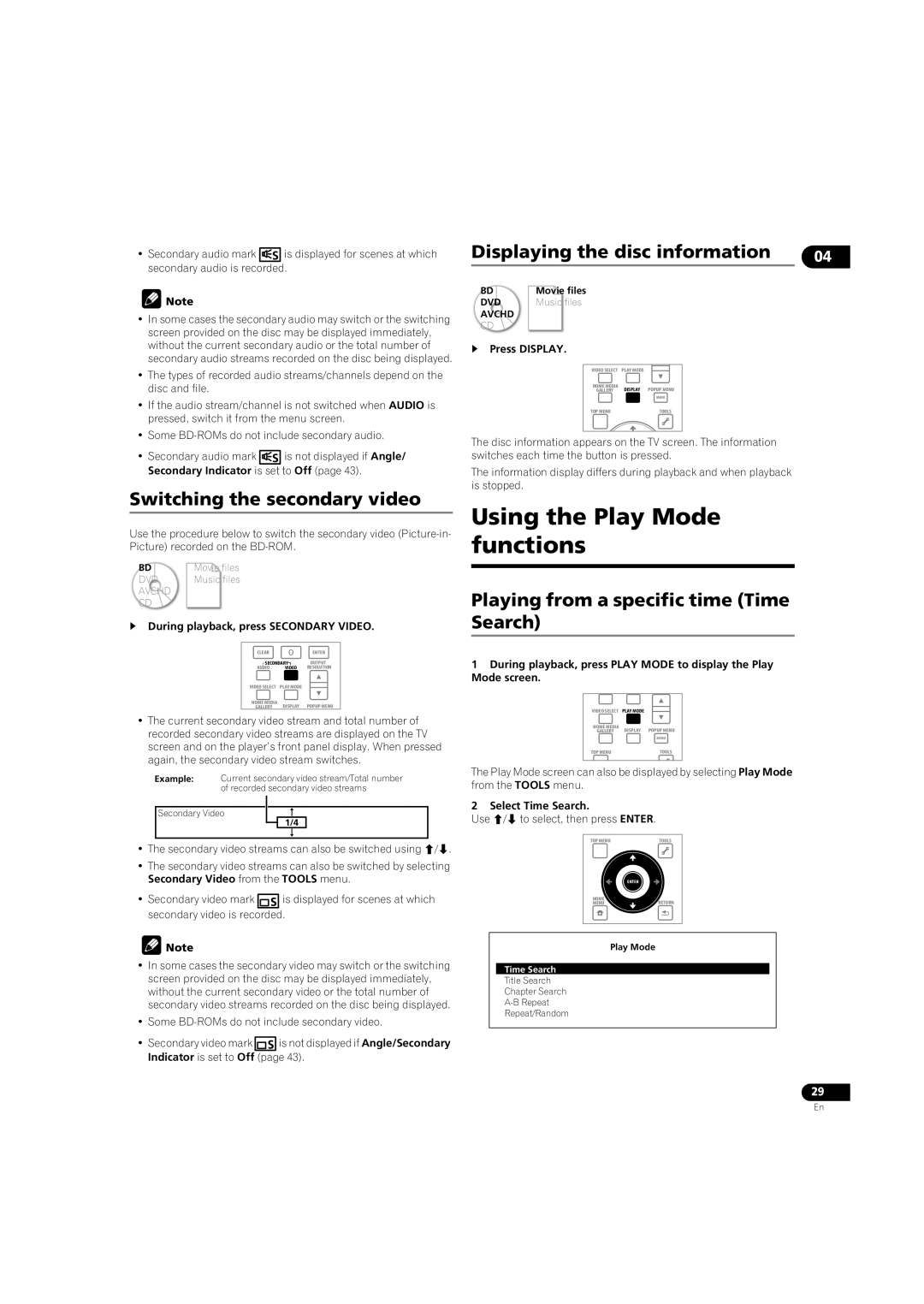 Pioneer BDP-LX08 Using the Play Mode functions, Switching the secondary video, Displaying the disc information 