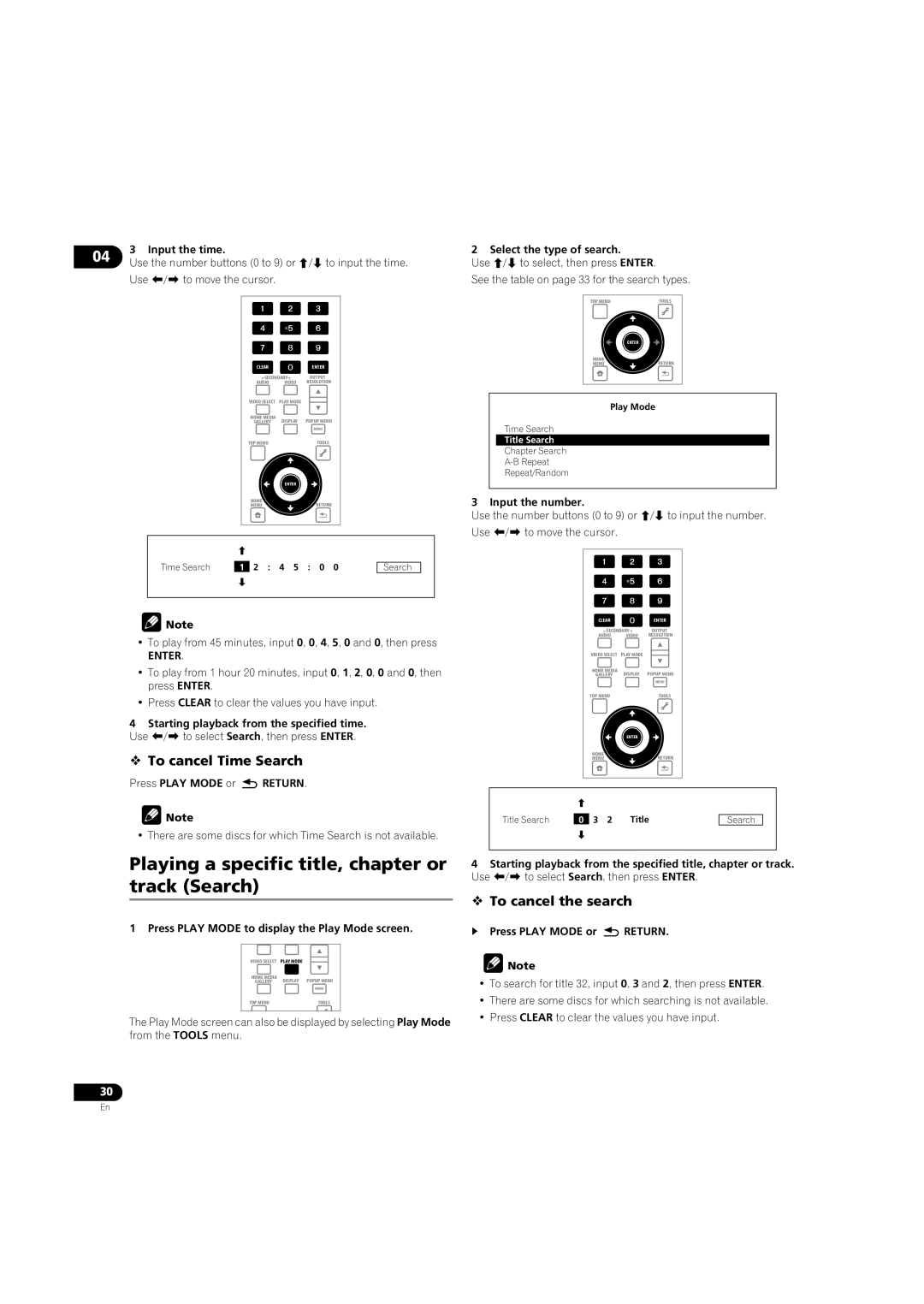 Pioneer BDP-LX08 Playing a specific title, chapter or track Search,  To cancel Time Search,  To cancel the search 