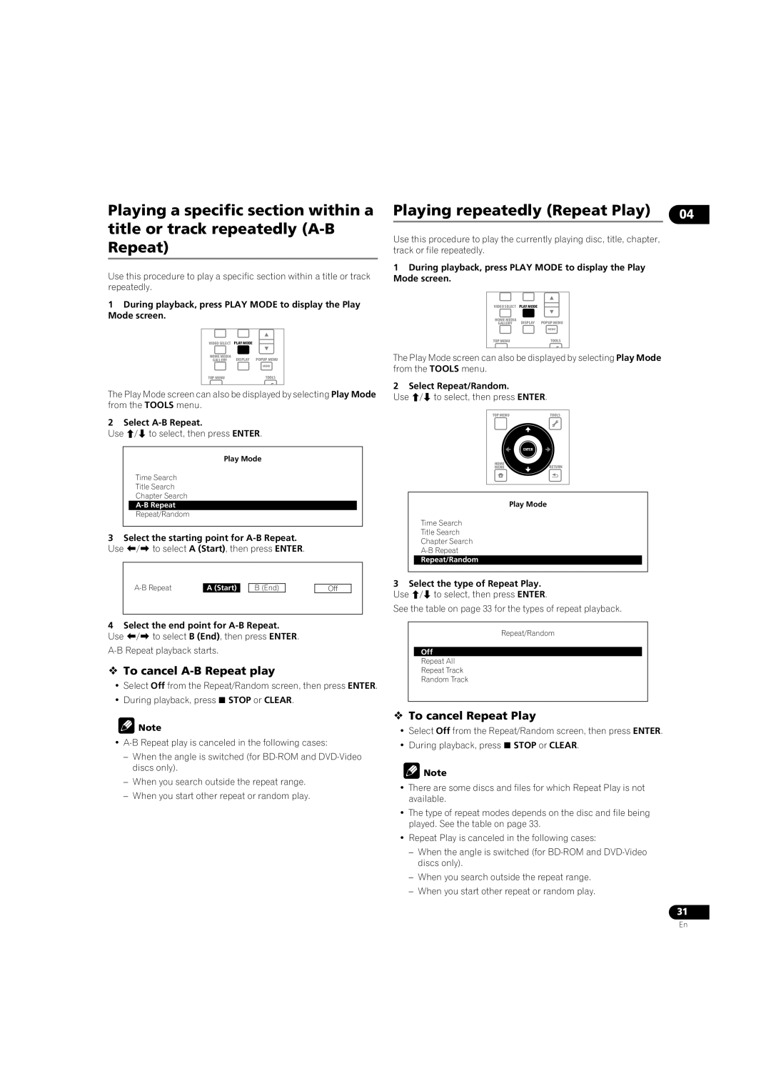 Pioneer BDP-LX08  To cancel A-B Repeat play,  To cancel Repeat Play, Select A-B Repeat, Select Repeat/Random 