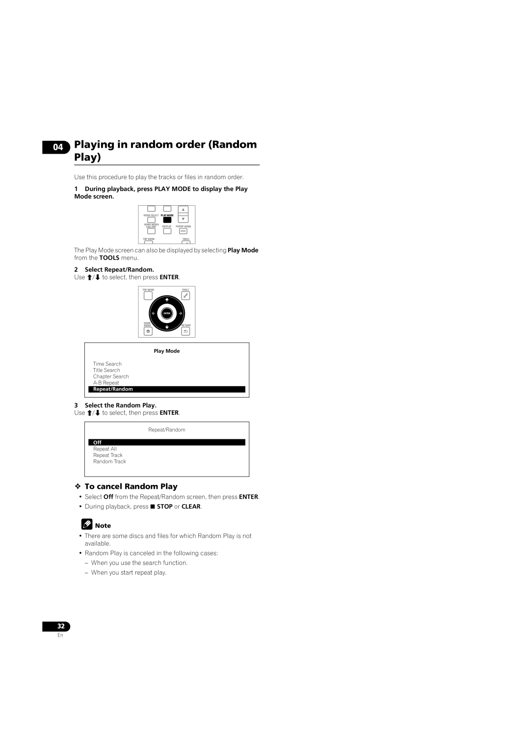 Pioneer BDP-LX08 Playing in random order Random Play,  To cancel Random Play, Select the Random Play 