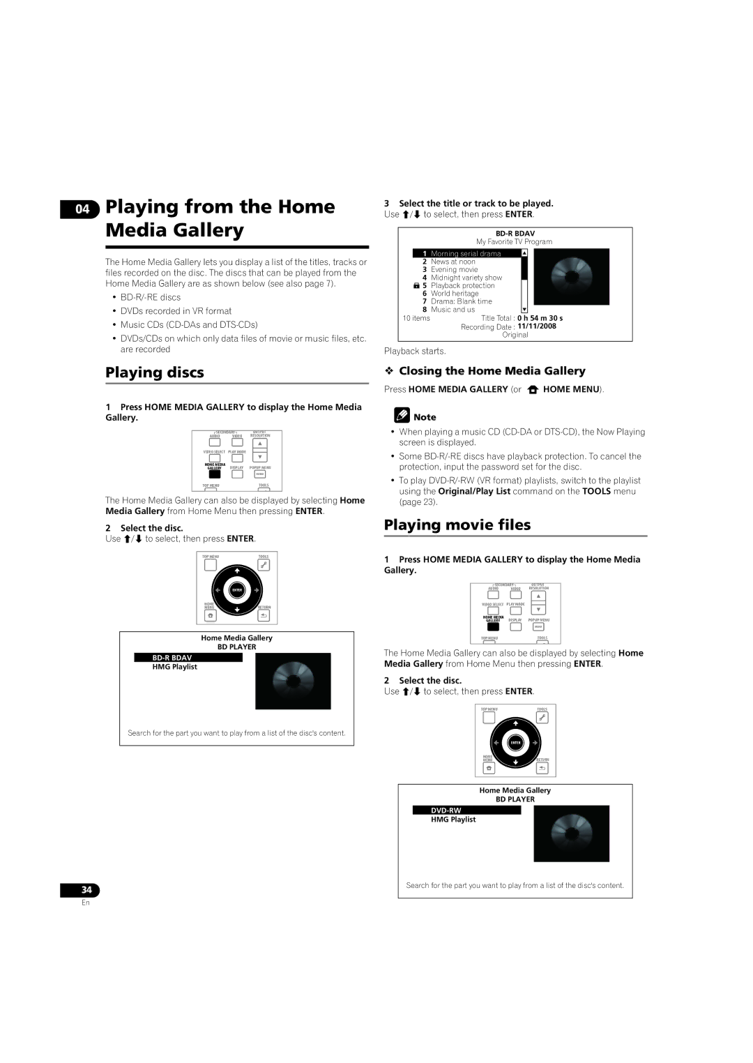 Pioneer BDP-LX08 Playing from the Home Media Gallery, Playing discs, Playing movie files,  Closing the Home Media Gallery 