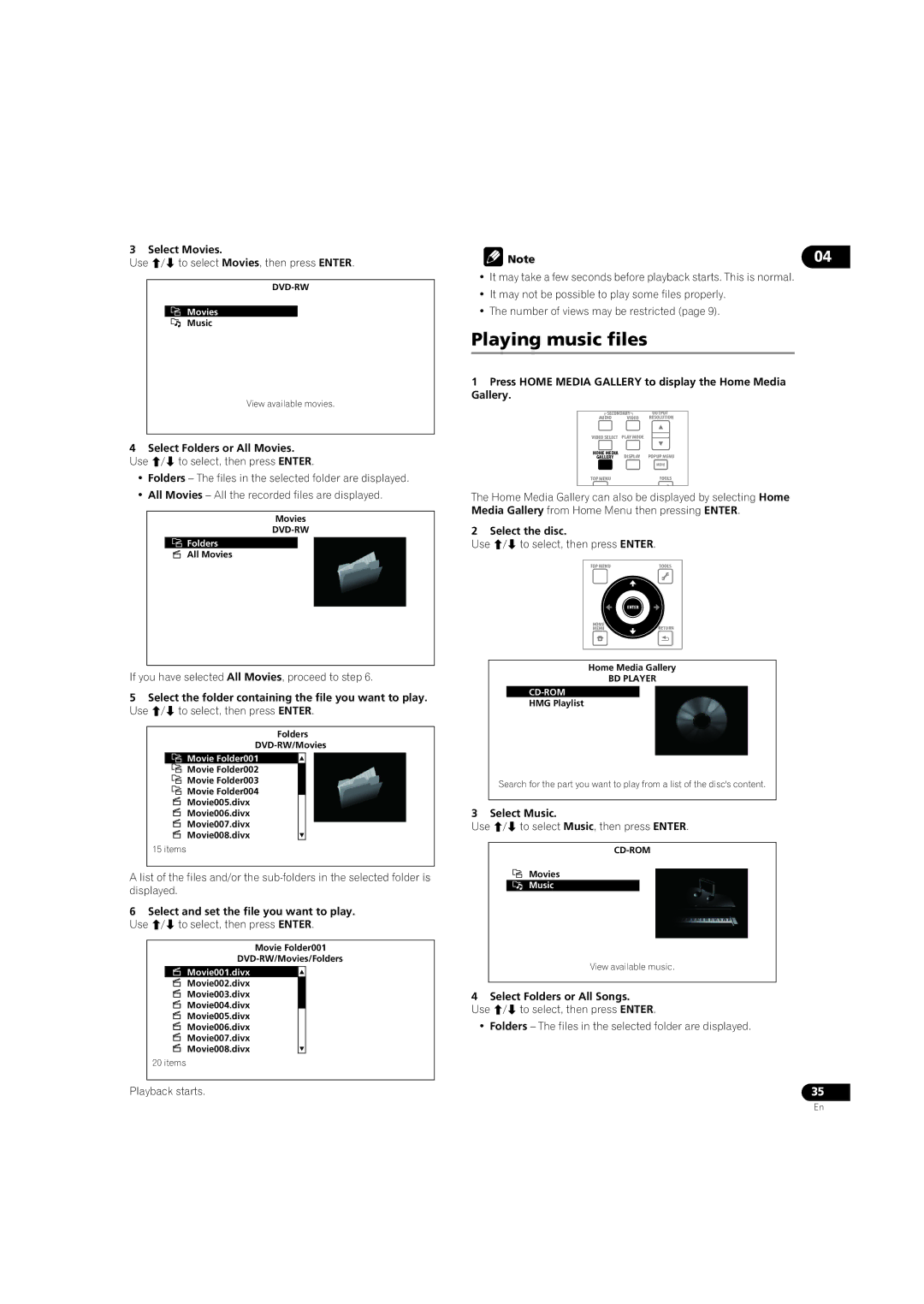 Pioneer BDP-LX08 operating instructions Playing music files, Select Movies, Select Music, Select Folders or All Songs 