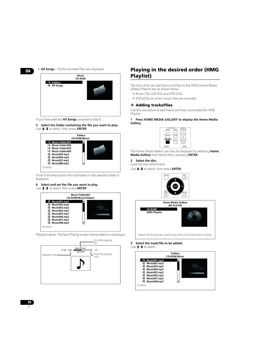 Pioneer BDP-LX08 operating instructions Playing in the desired order HMG Playlist,  Adding tracks/files 