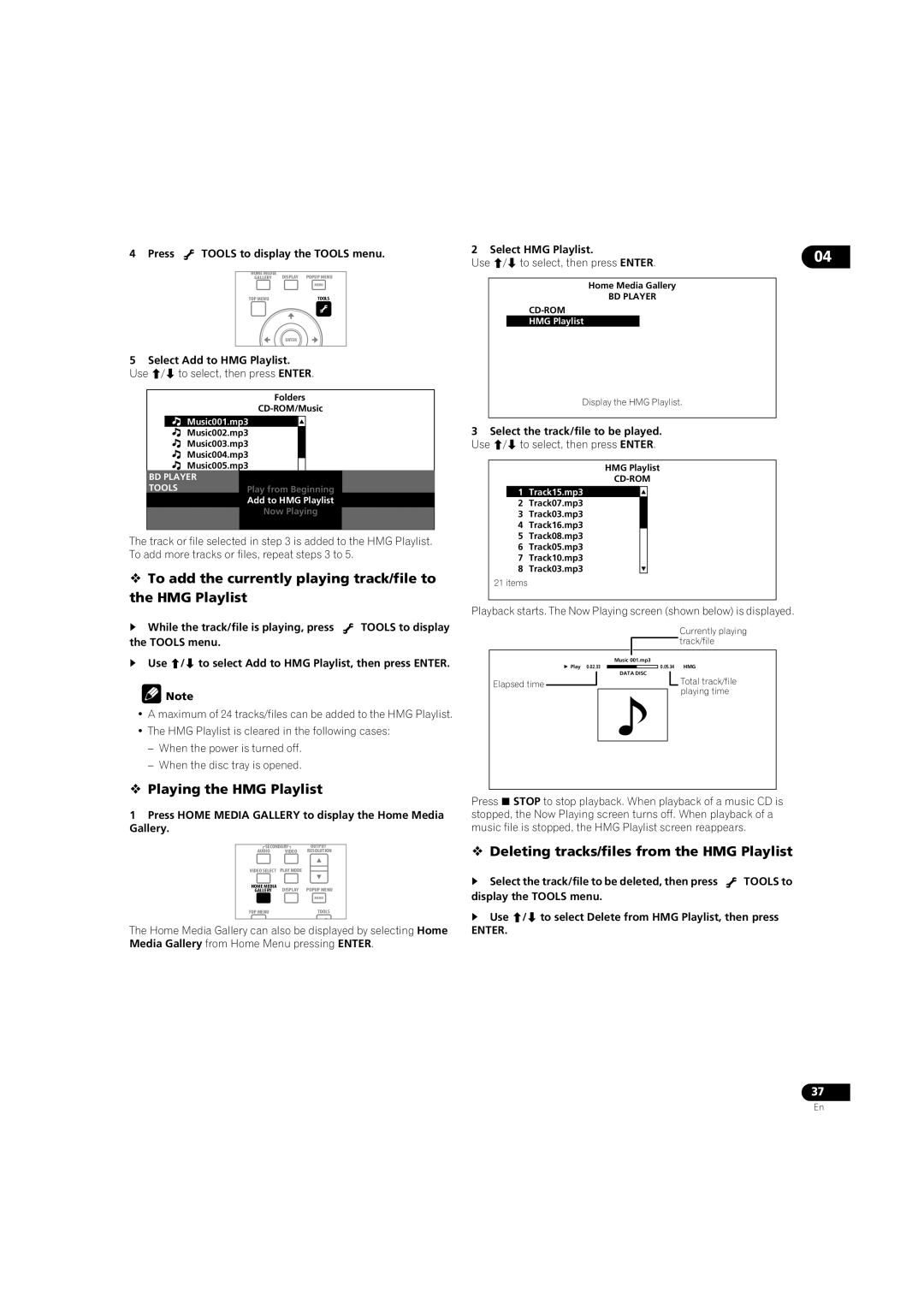 Pioneer BDP-LX08 operating instructions  Playing the HMG Playlist,  Deleting tracks/files from the HMG Playlist 