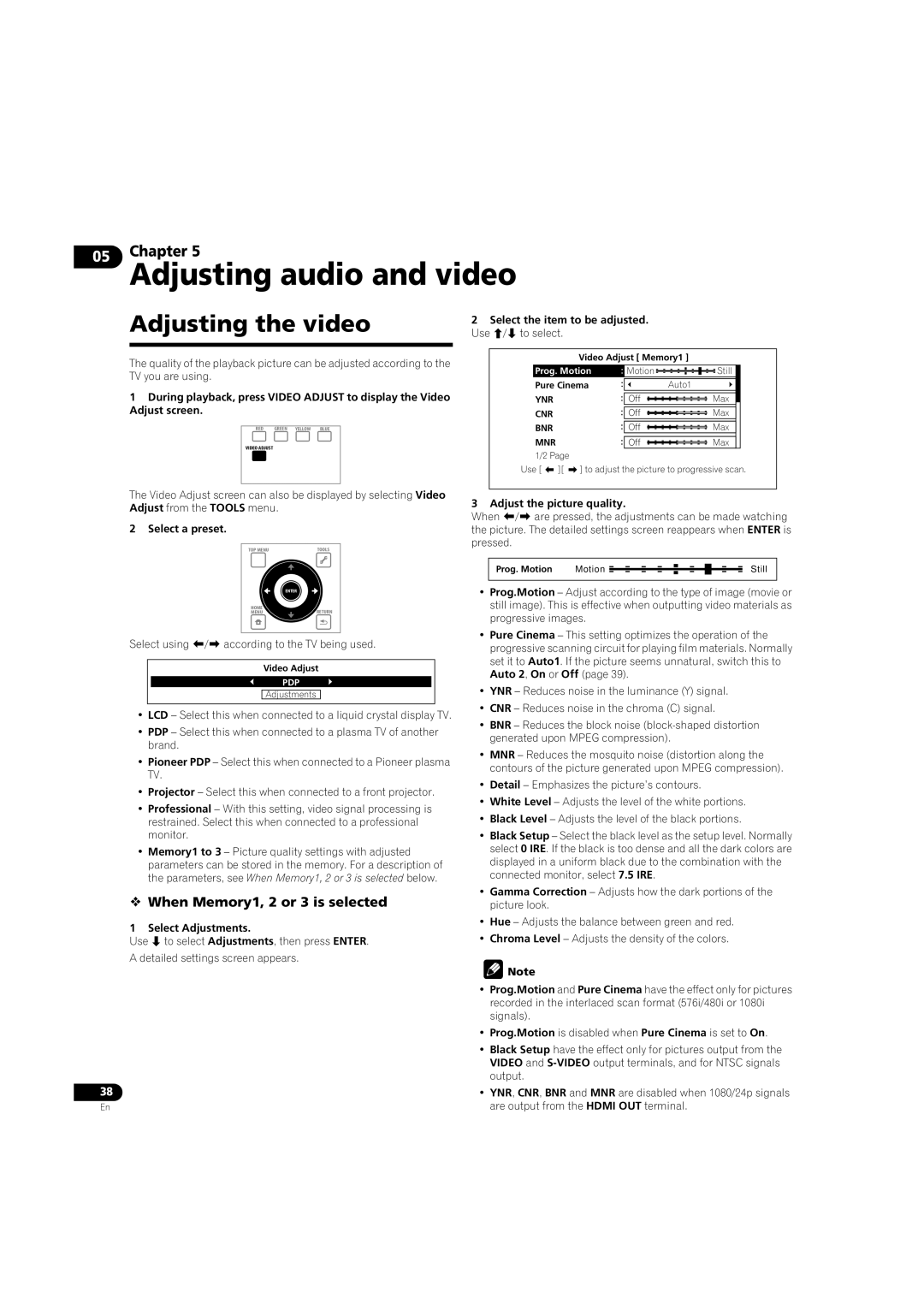 Pioneer BDP-LX08 operating instructions Adjusting the video,  When Memory1, 2 or 3 is selected 