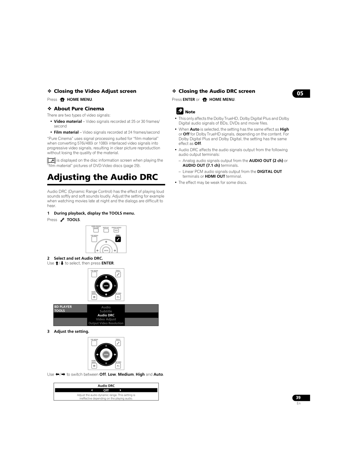 Pioneer BDP-LX08 operating instructions Adjusting the Audio DRC,  Closing the Video Adjust screen,  About Pure Cinema 