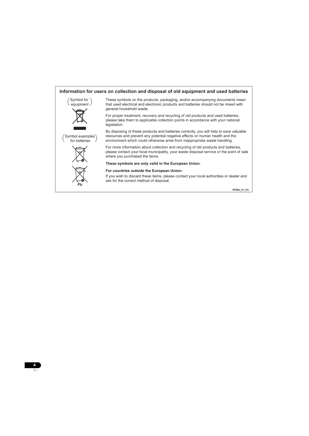 Pioneer BDP-LX08 operating instructions Symbol examples, For batteries 