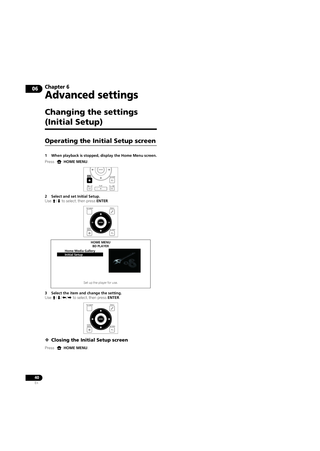 Pioneer BDP-LX08 Changing the settings Initial Setup, Operating the Initial Setup screen, Select and set Initial Setup 