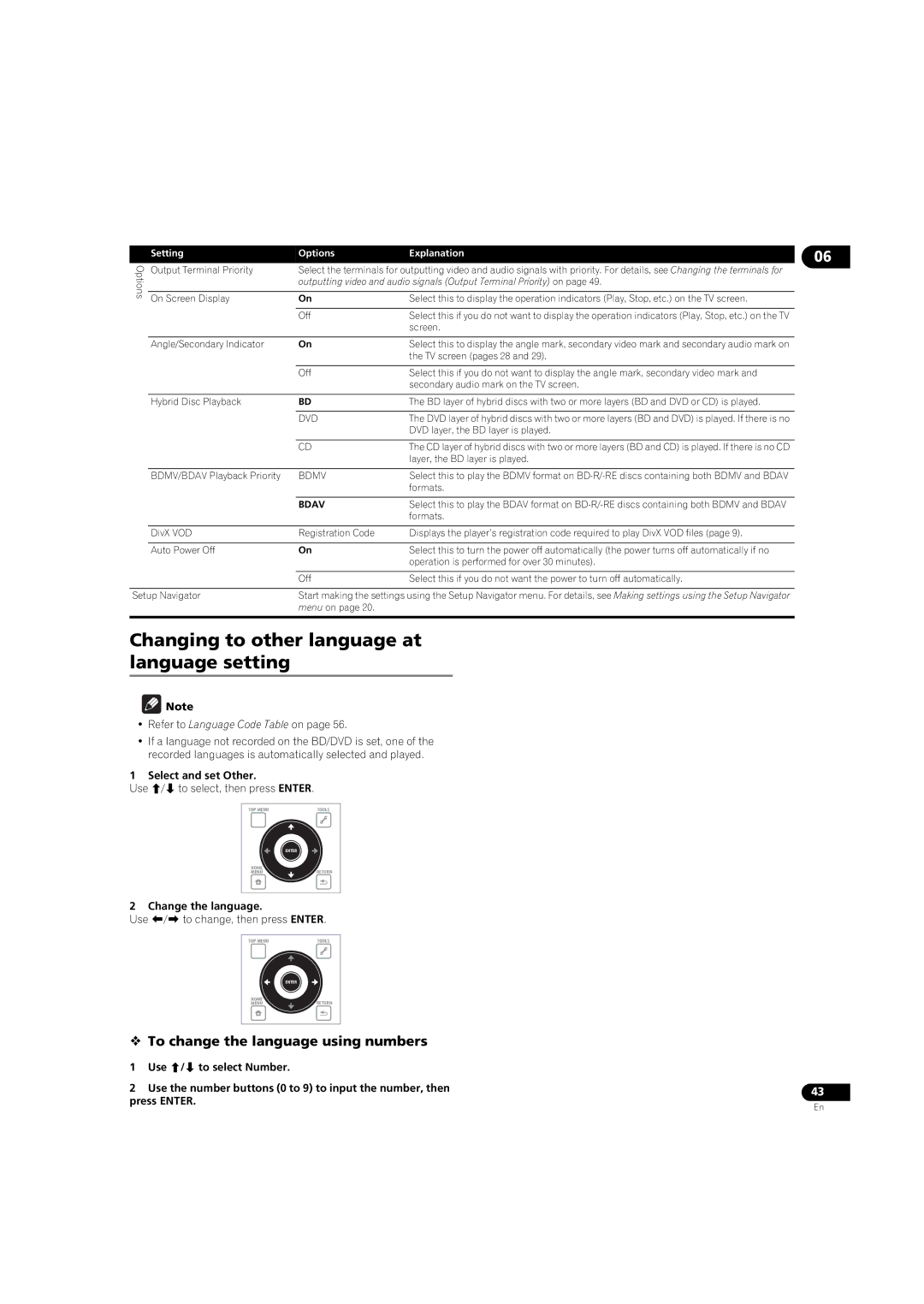 Pioneer BDP-LX08 Changing to other language at language setting,  To change the language using numbers 