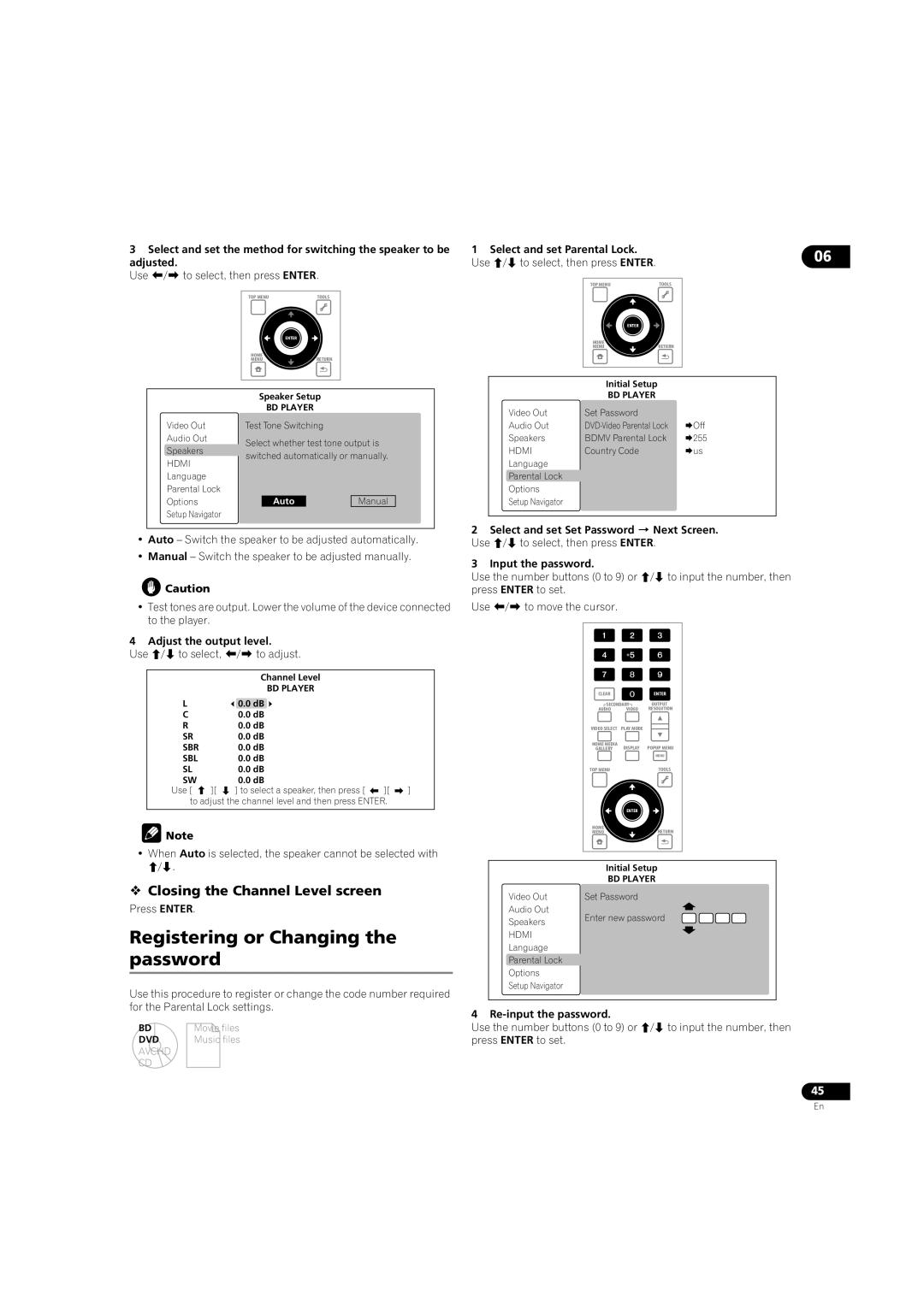 Pioneer BDP-LX08 Registering or Changing the password,  Closing the Channel Level screen, Adjust the output level 