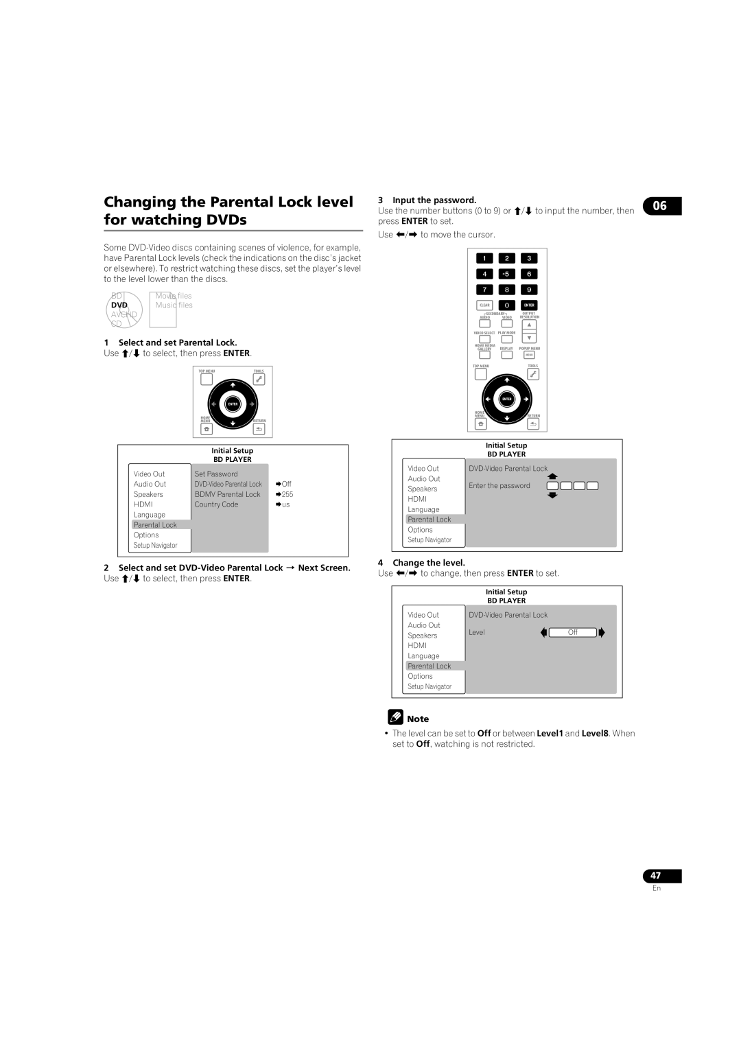 Pioneer BDP-LX08 Changing the Parental Lock level for watching DVDs, Press Enter to set Use / to move the cursor 