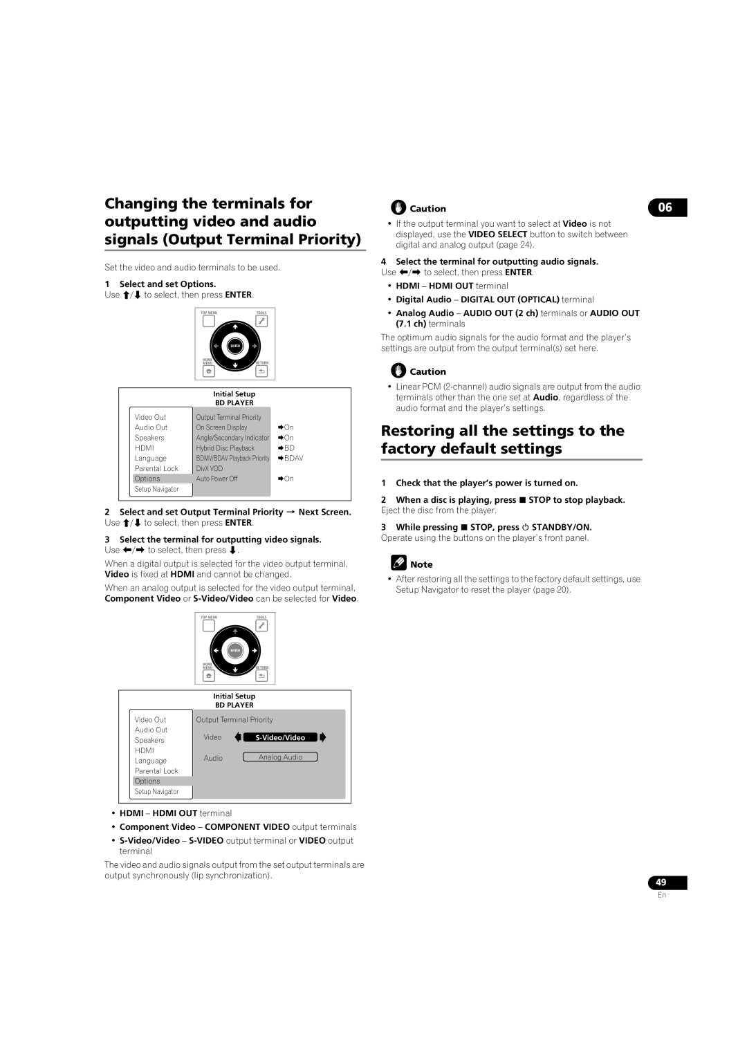 Pioneer BDP-LX08 Restoring all the settings to the factory default settings, Set the video and audio terminals to be used 