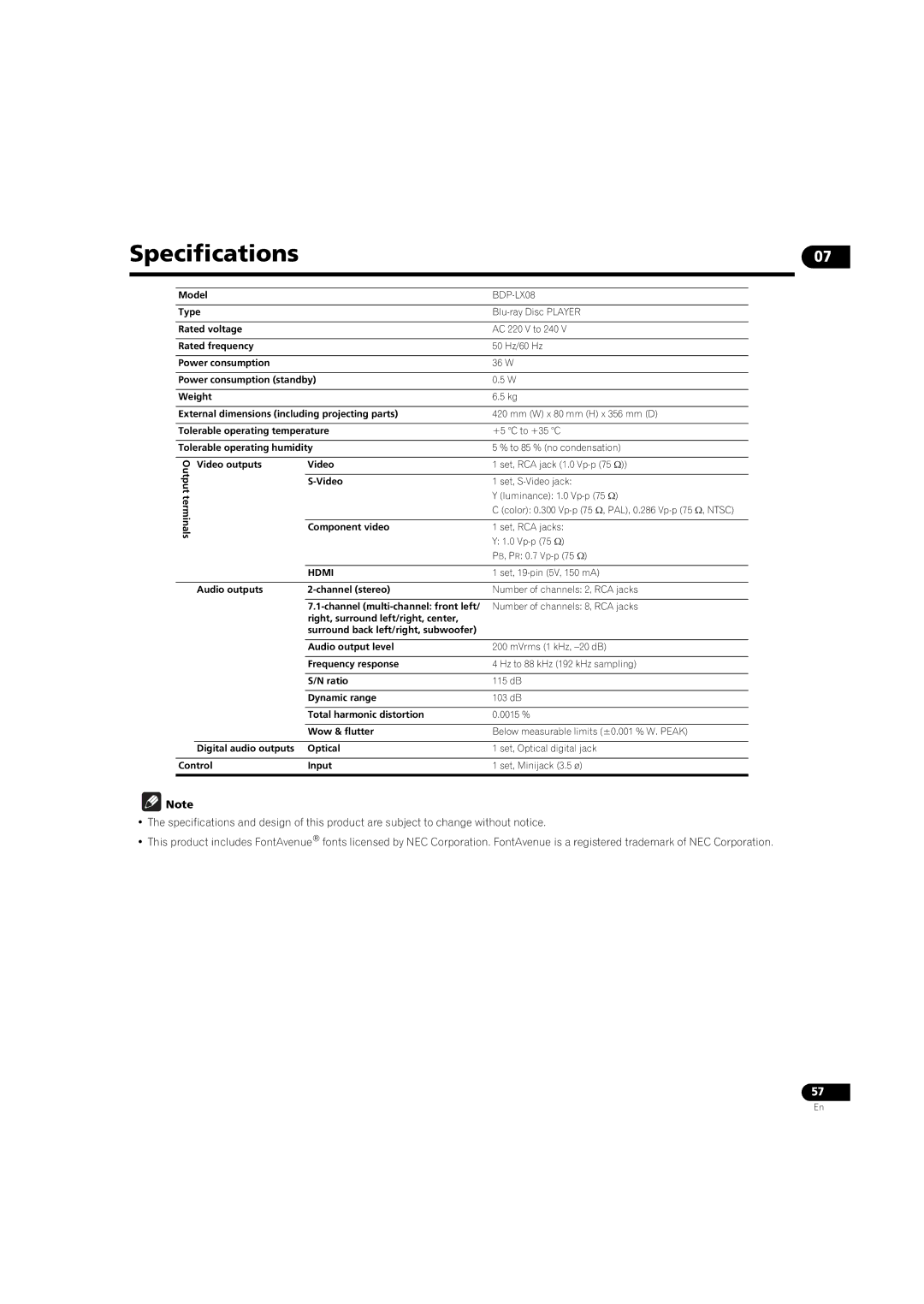 Pioneer BDP-LX08 operating instructions Specifications 